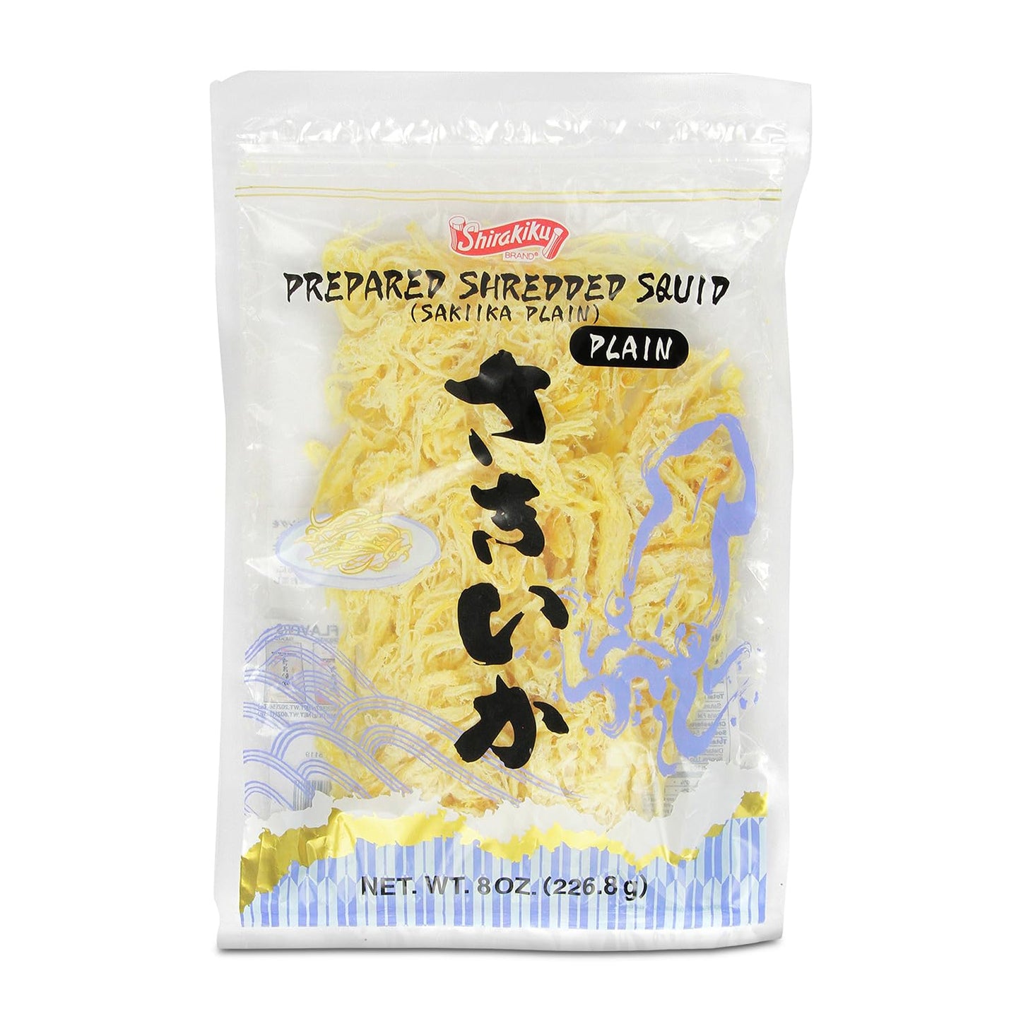 Shirakiku Prepared Shredded Squid | Saki Ika Plain Flavour Dried Squid | Savory Asian Seafood Snack, Low-Fat, Low-Calorie Dried Seafood Treat, 8 oz