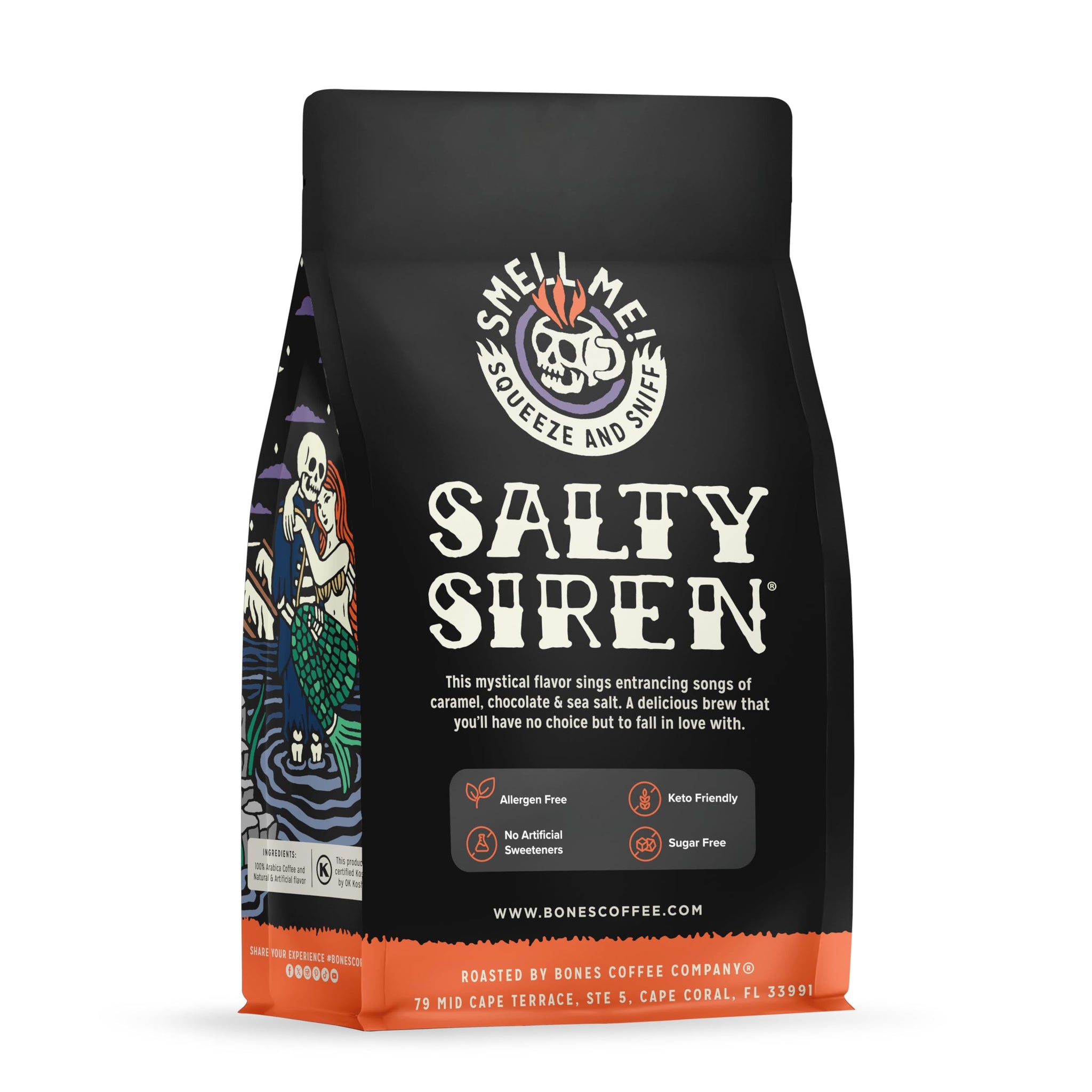 Bones Coffee Company Salty Siren, Sea Salted Caramel Chocolate Flavored Coffee, Medium Roast Low Acid Arabica Beans Compatible with Auto drip