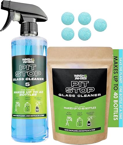 WASH&WHIPS Glass Cleaner Effervescent Tablets w/Empty 16 oz Spray Bottle (Makes 5 Gal/20L/ 40 Bottles)