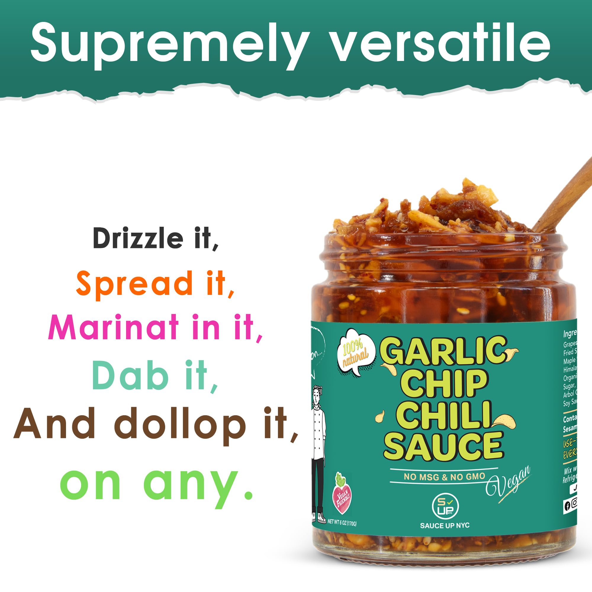 SAUCE UP Vegan Garlic Chip Chili Sauce - Super Crunchy Artisanal Topping & Condiment | Chef-Curated in NY with Fried Garlic Chips, Shallots & Peanuts