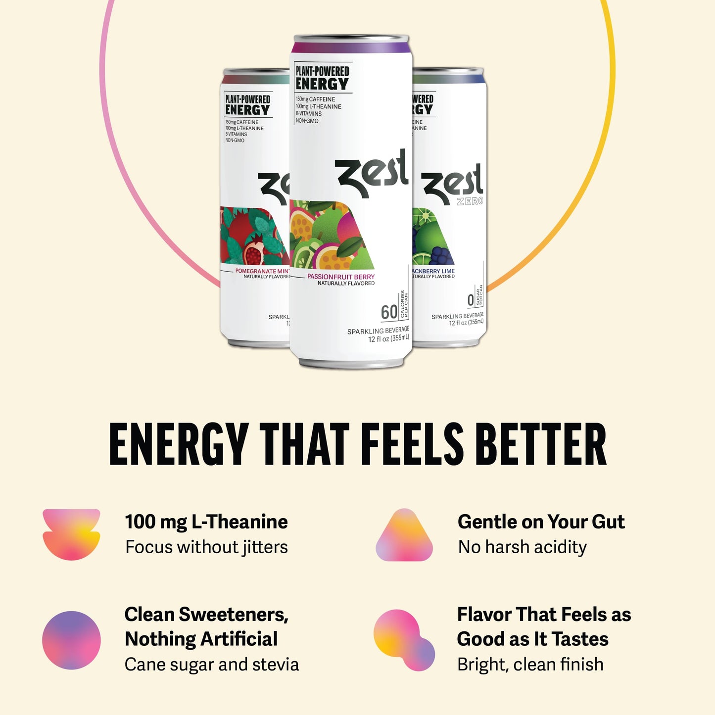Zest Clean Energy Drinks Variety Pack - 3 Flavors - 120-150mg Caffeine + 100mg L-Theanine for Focus, Energy & Performance - Healthy Energy Drink 12oz