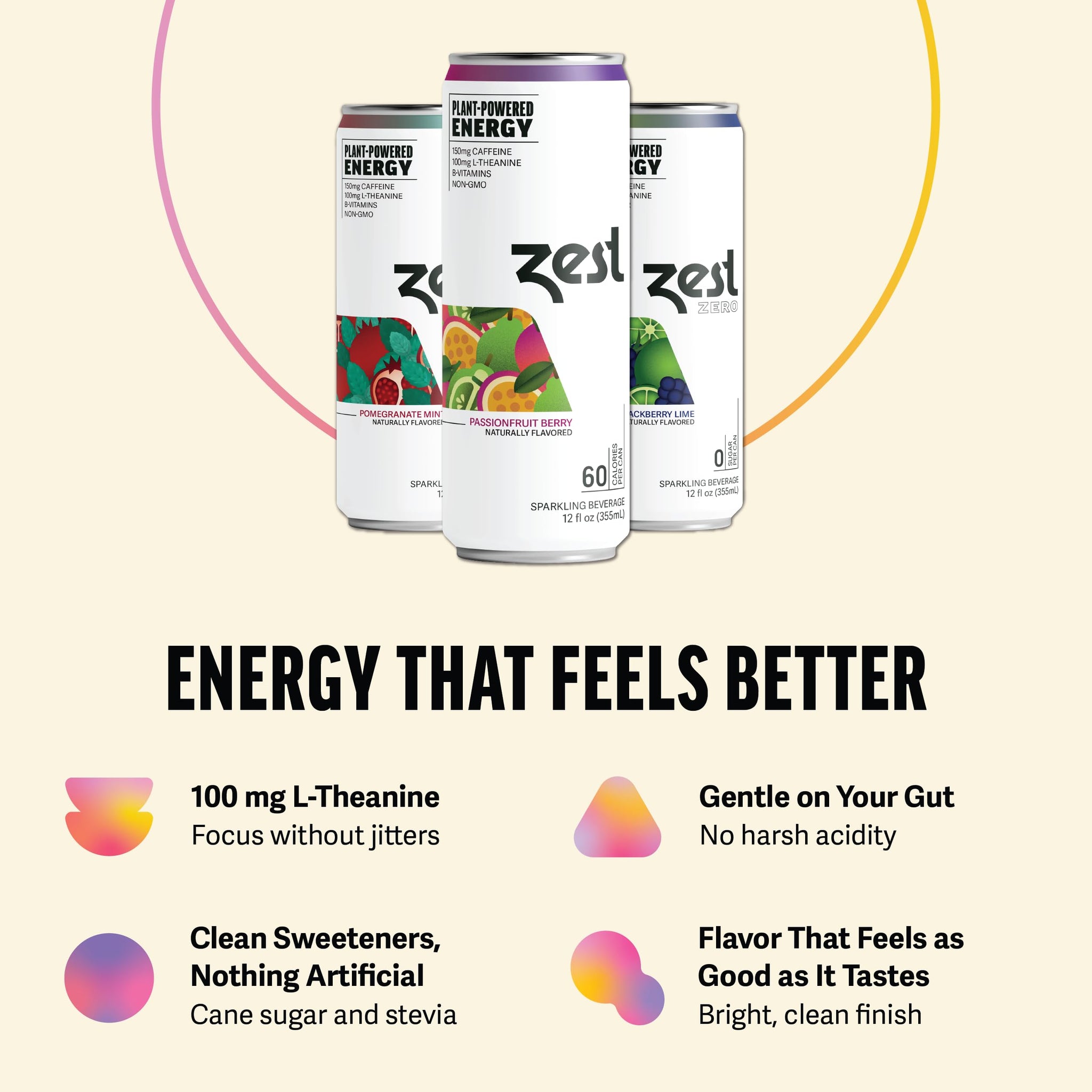 Zest Clean Energy Drinks Variety Pack - 3 Flavors - 120-150mg Caffeine + 100mg L-Theanine for Focus, Energy & Performance - Healthy Energy Drink 12oz