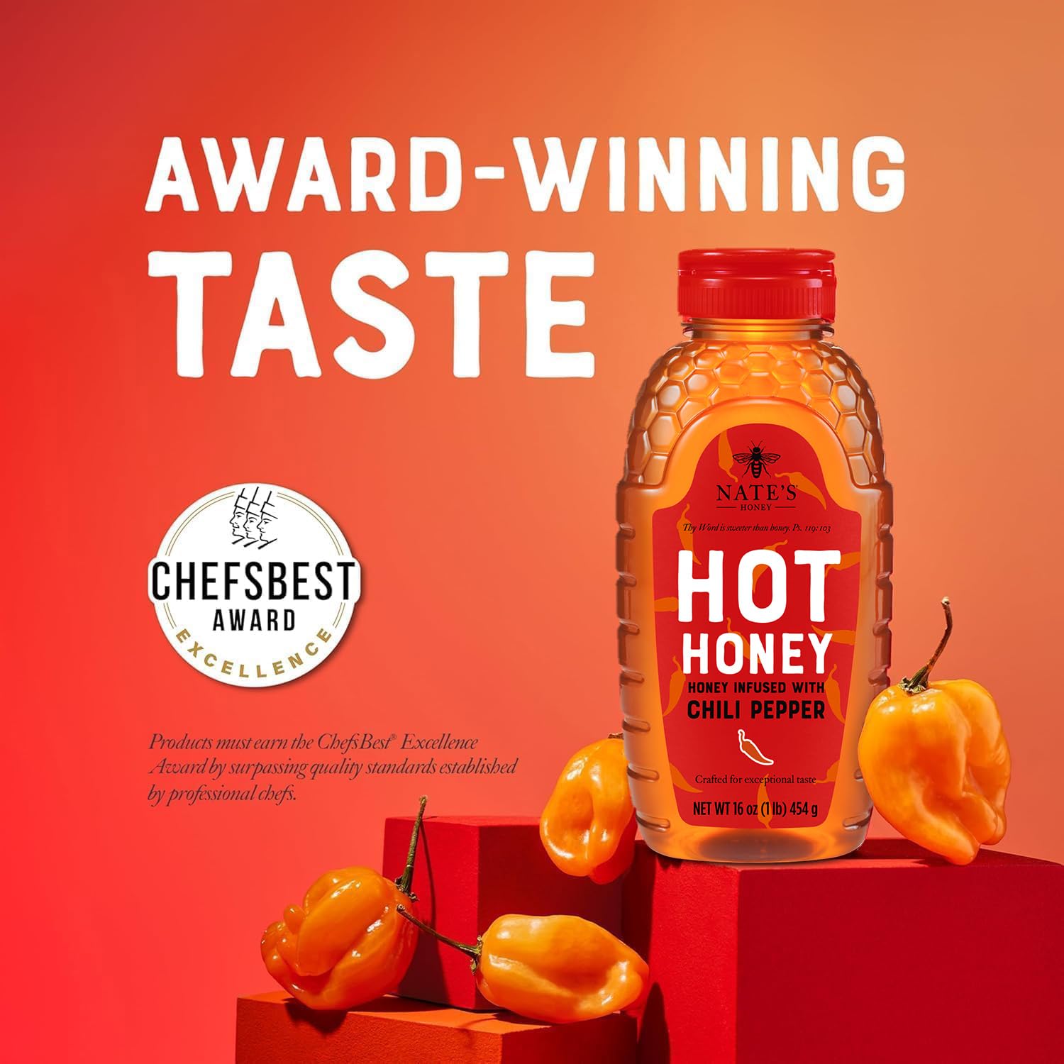 Nate's Hot Honey - 100% Pure Honey Infused with Habanero Chili Pepper Flakes, Award-winning Taste - 16 oz Squeeze Bottle