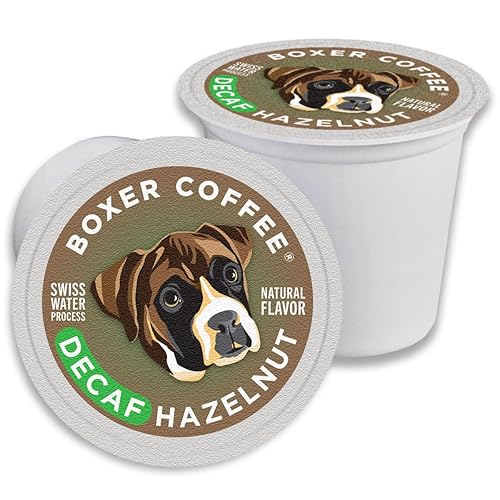 Boxer Coffee Swiss Water Process Decaf Hazelnut Naturally Flavored Pods compatible with Keurig K-Cup, decaffeinated, 48 count