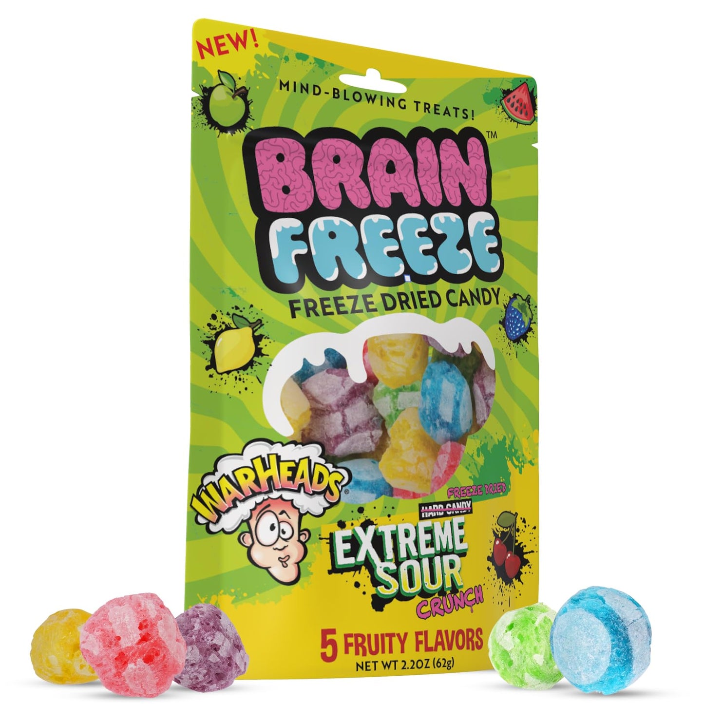 Brain Freeze by Warheads Mixed Fruit Dried Candy | Freeze Dried Candy with Warheads Extreme Sour Crunch | Mouth-Puckering Flavor | Fun Snack & Party