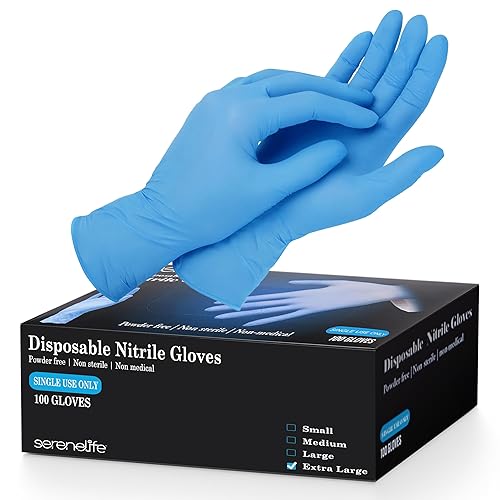 SereneLife 100 Pcs Nitrile Disposable Gloves - Soft Industrial Gloves, Vinyl Gloves Powder-Free, Latex-Free Protective Gloves, Soft and Comfortable