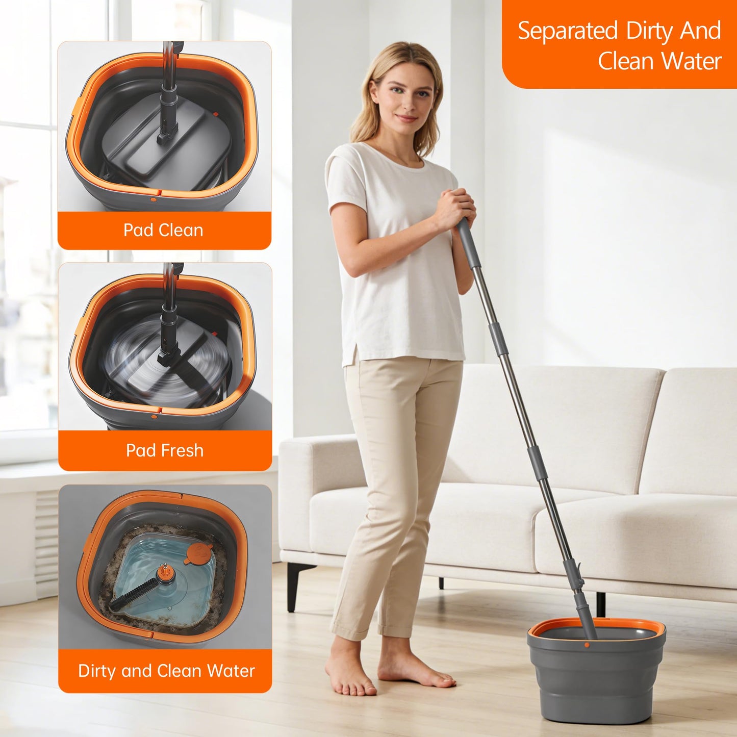 Collapsible Mop and Bucket Set, Spin Mop with Separate Dirty and Clean Water, 6 Replaceable Mopping Pads with Foldable Handle, Deep Cleaning Mops
