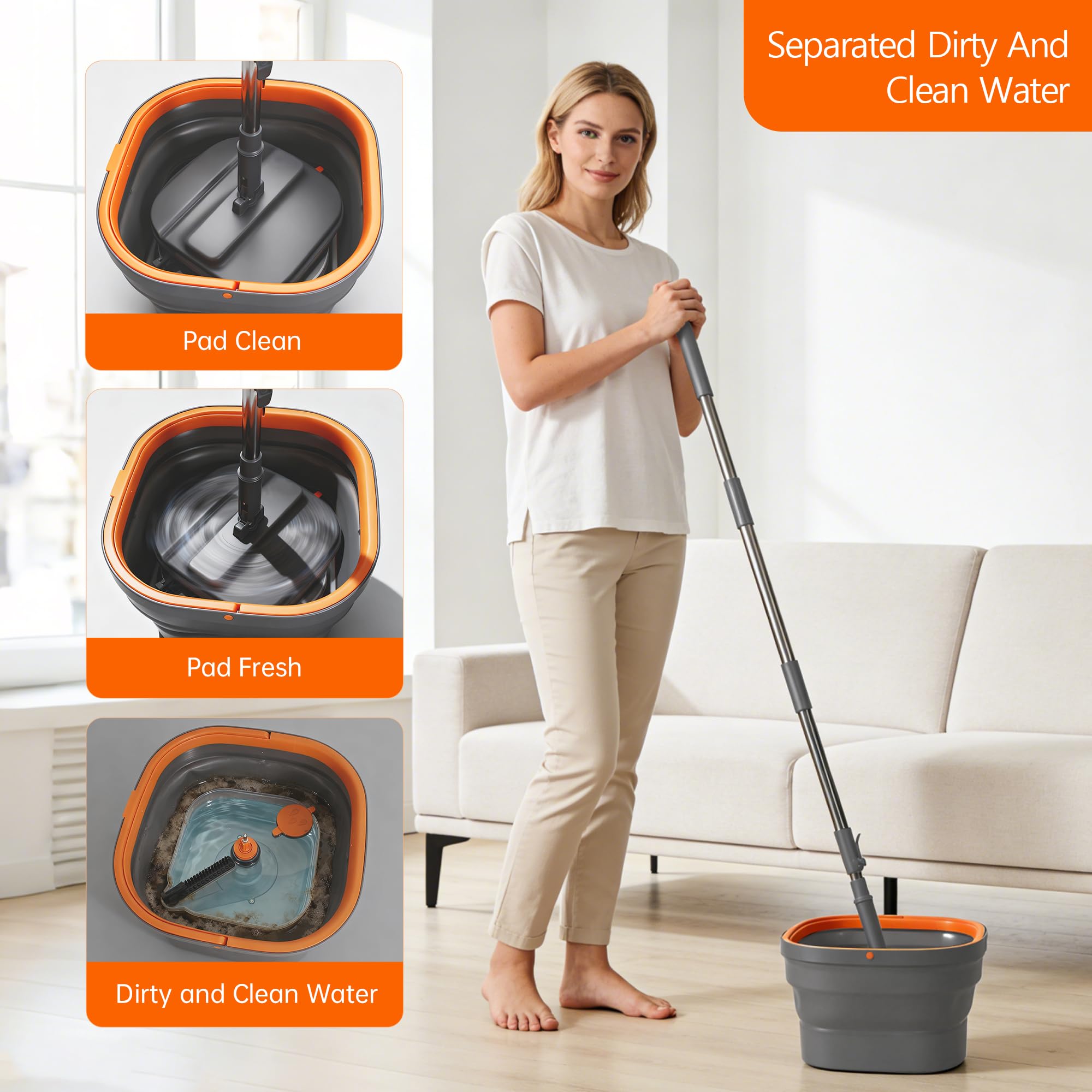 Collapsible Mop and Bucket Set, Spin Mop with Separate Dirty and Clean Water, 6 Replaceable Mopping Pads with Foldable Handle, Deep Cleaning Mops