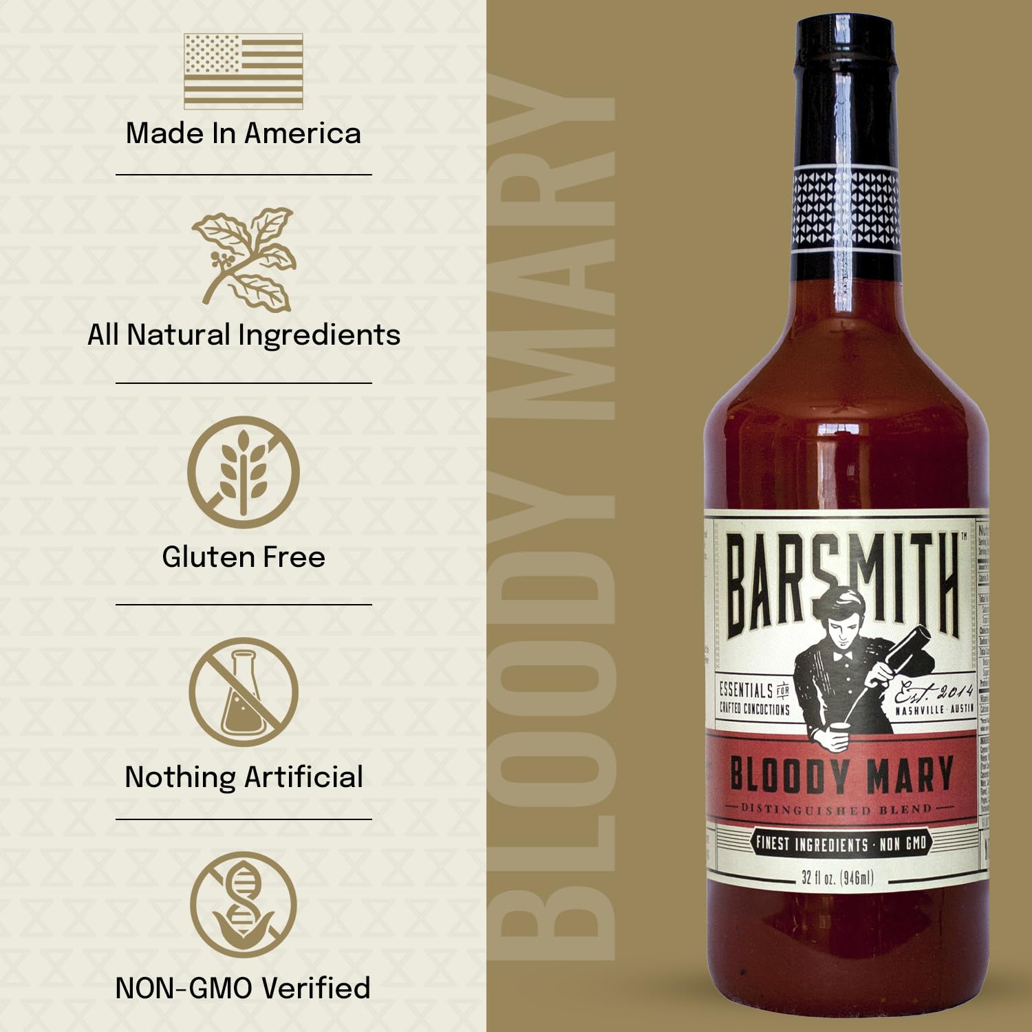 Barsmith Bar Essentials Bloody Mary Mix - Made with Real Tomatoes, Fresh Horseradish & Worcestershire Sauce - Cocktail Mixer for Vodka, Tequila