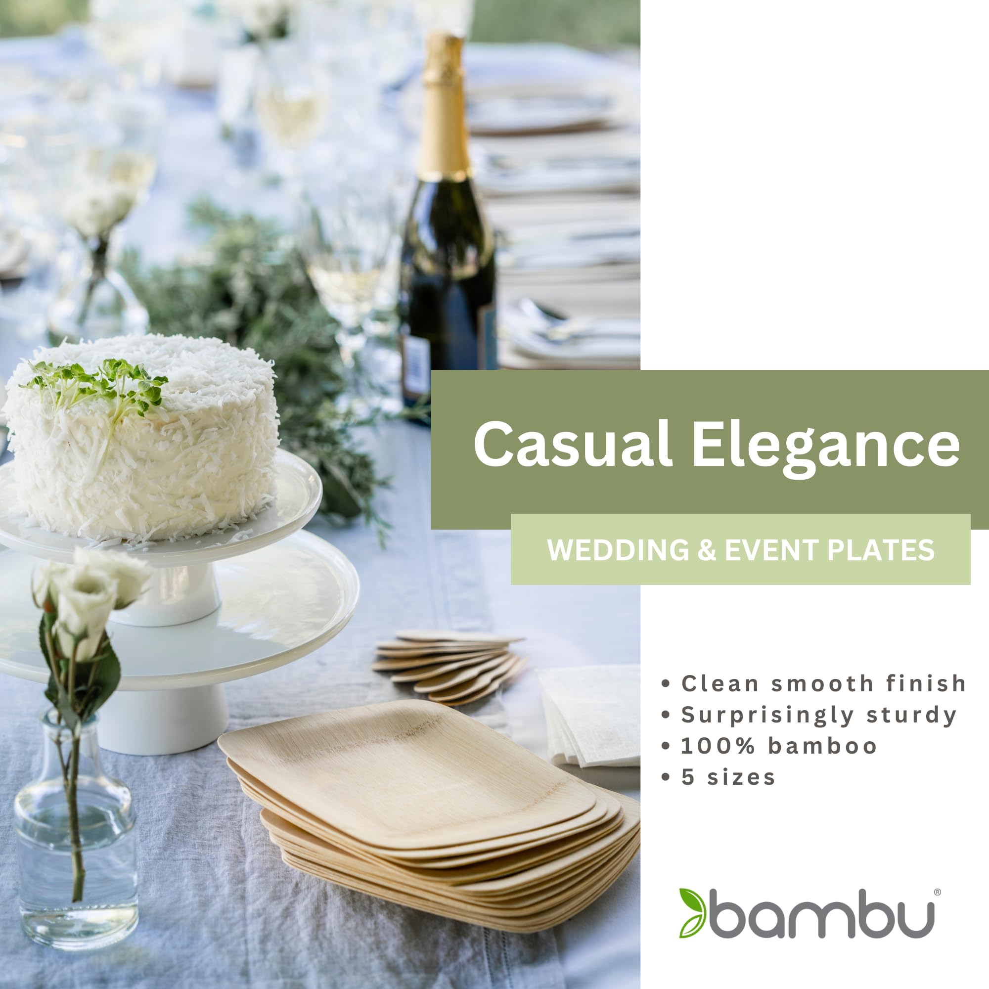 Bambu Pack of 25 - 5 Inch Disposable Bamboo Plates Square, Biodegradable Eco Friendly Products, Bamboo Disposable Appetizer Plates for Events