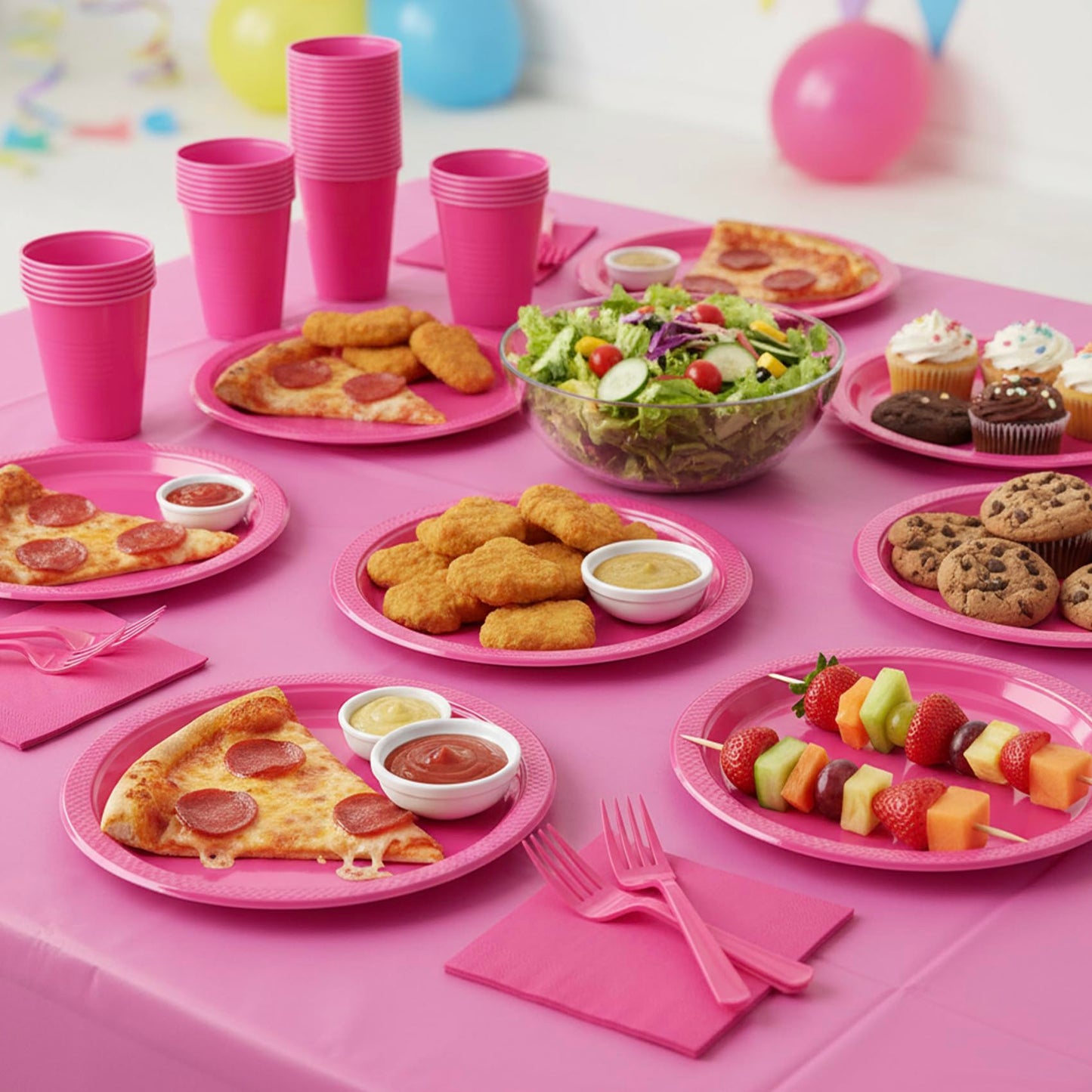 CLIYTICA Hot Pink Plastic Plates for Party,30 Guest Disposable Plastic Plate Set 9" Plates,7" Dessert Plates,Napkins,12 oz Cups,Forks & Tablecloth