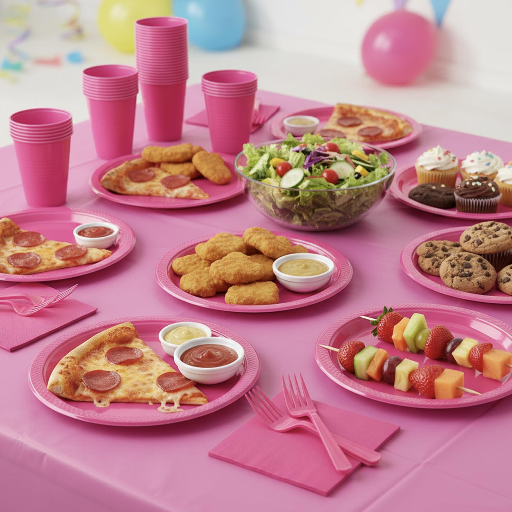 CLIYTICA Hot Pink Plastic Plates for Party,30 Guest Disposable Plastic Plate Set 9" Plates,7" Dessert Plates,Napkins,12 oz Cups,Forks & Tablecloth