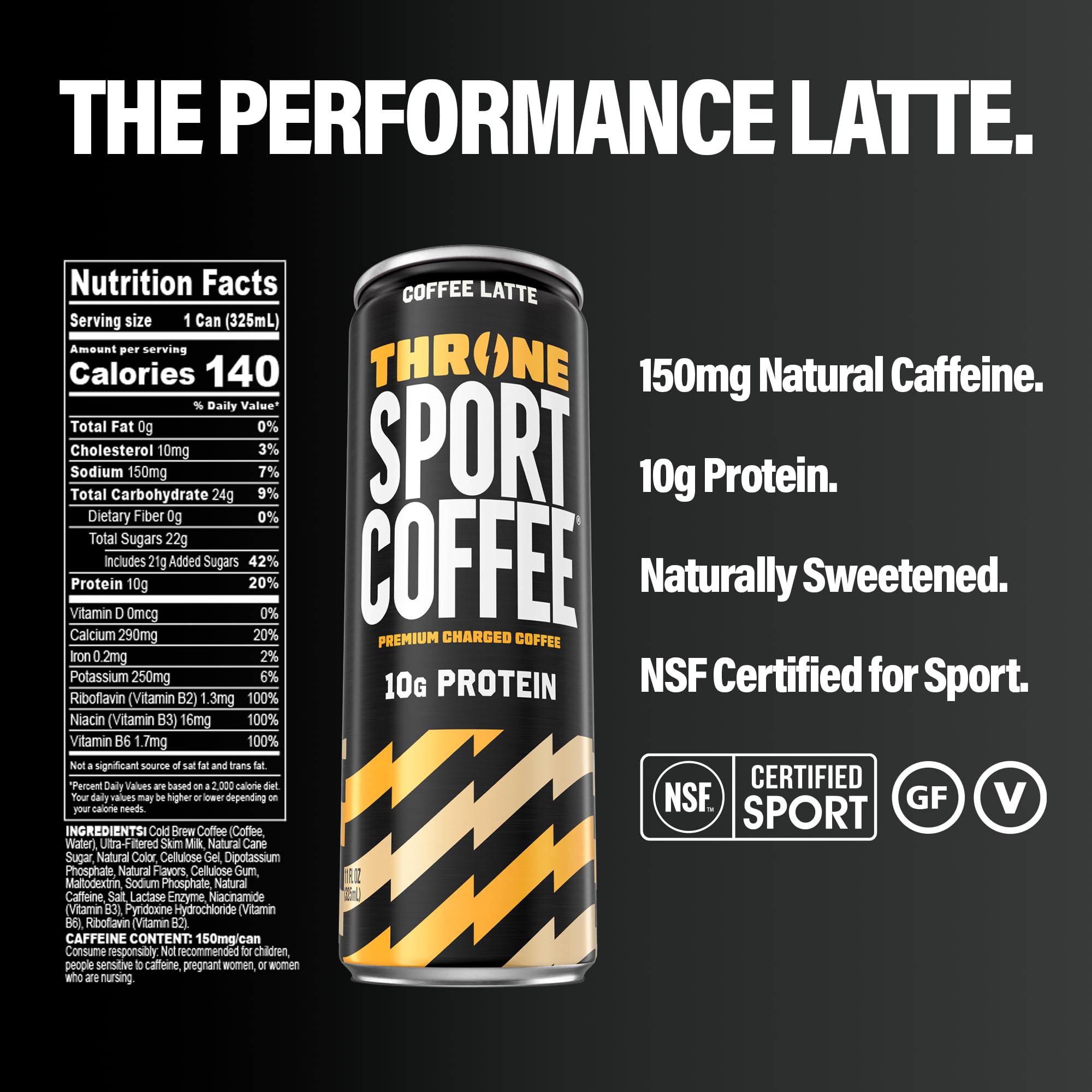 Throne Sport Coffee Latte - 10g protein - 150mg Natural Caffeine and B Vitamins - Lactose-Free, Premium Arabica, NSF Certified, Active Lifestyles