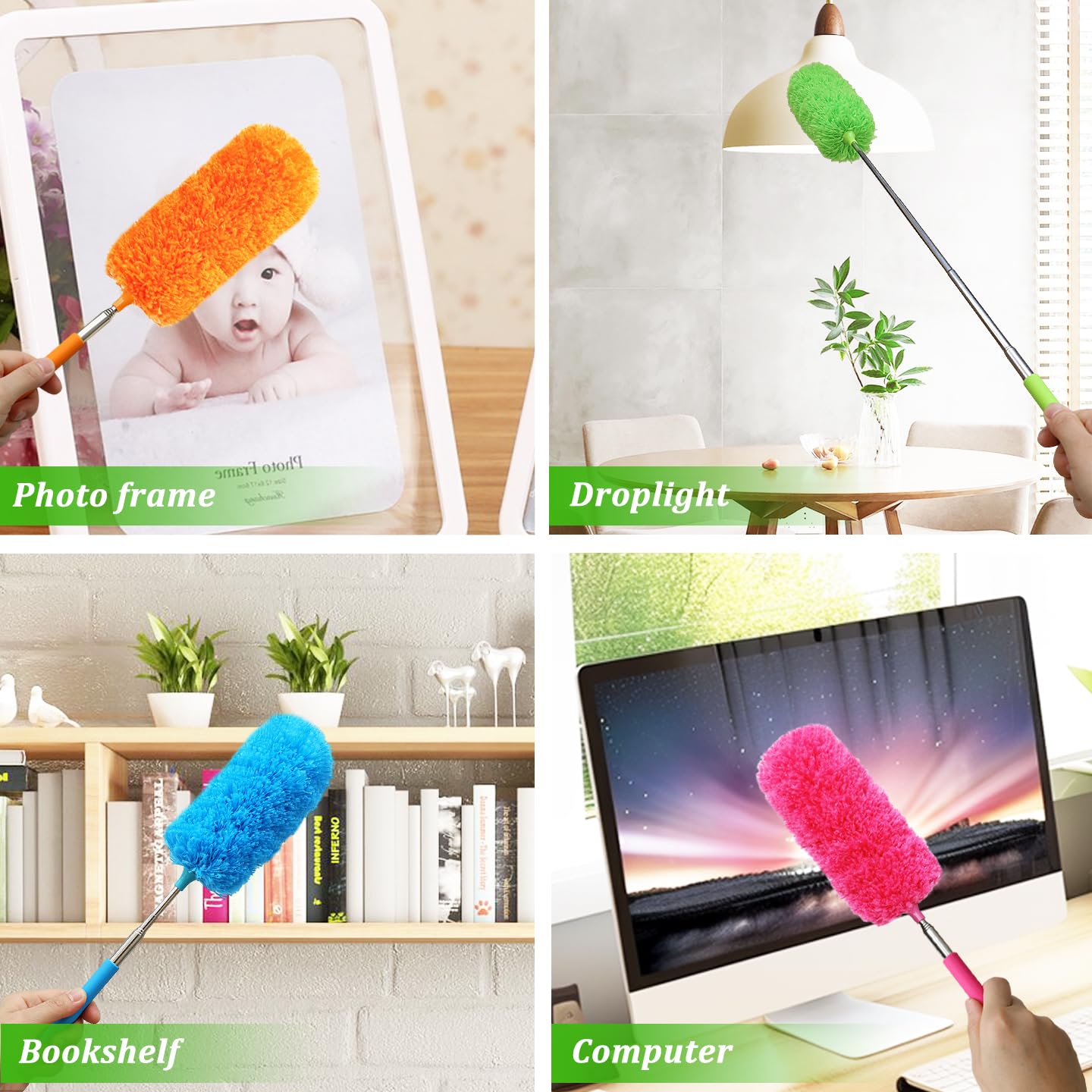 4 Pack Microfiber Feather Duster, with Extendable Pole and Bendable Head, Washable Microfibre Cleaning Tool for Cleaning Office, Car, Computer
