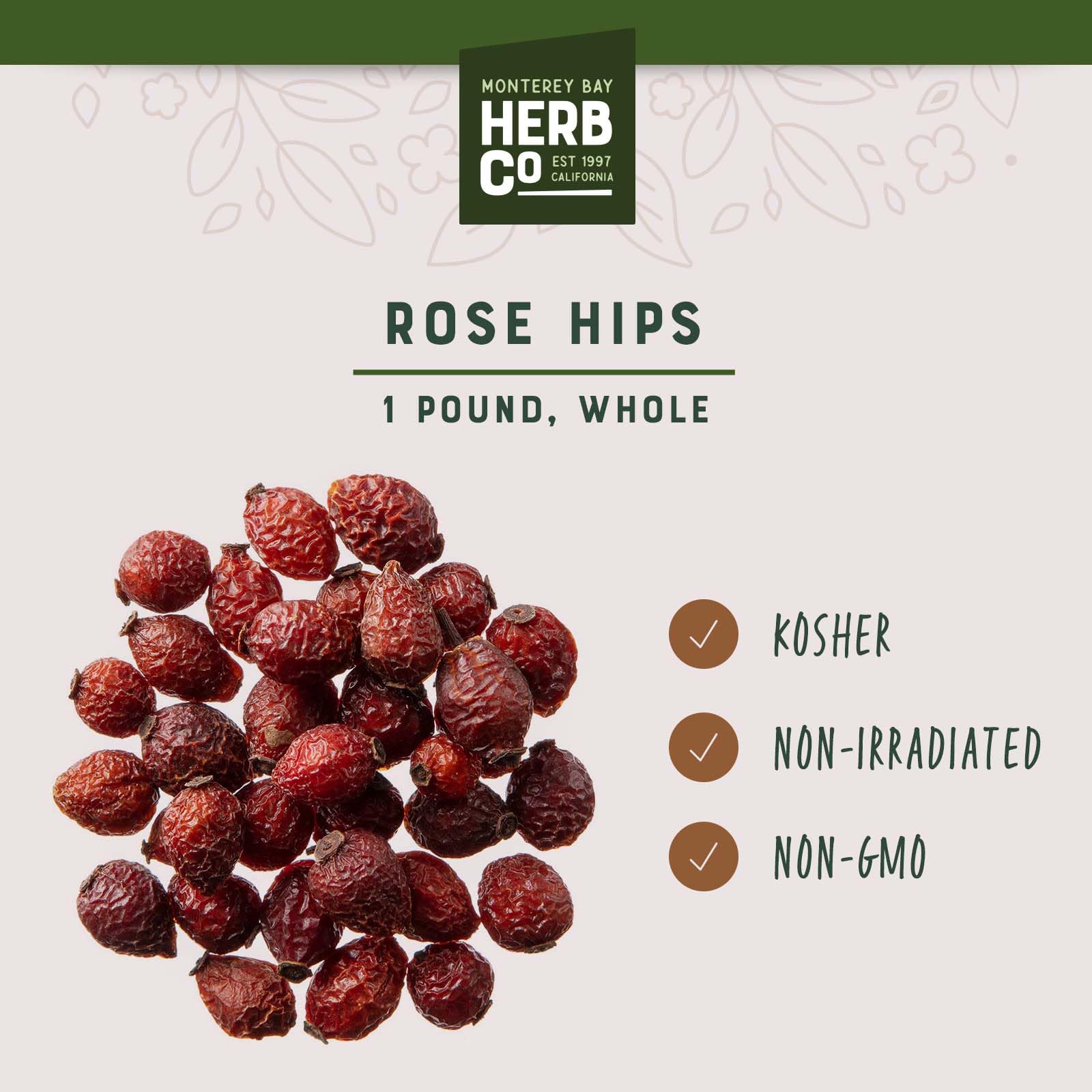 Rose Hips Whole, by Herb Co, Rosa Canina, Haw, from Chile, Kosher, for Syrup, Cordials, Wine, Tea, Oxymels & Potpourri, 1 lb