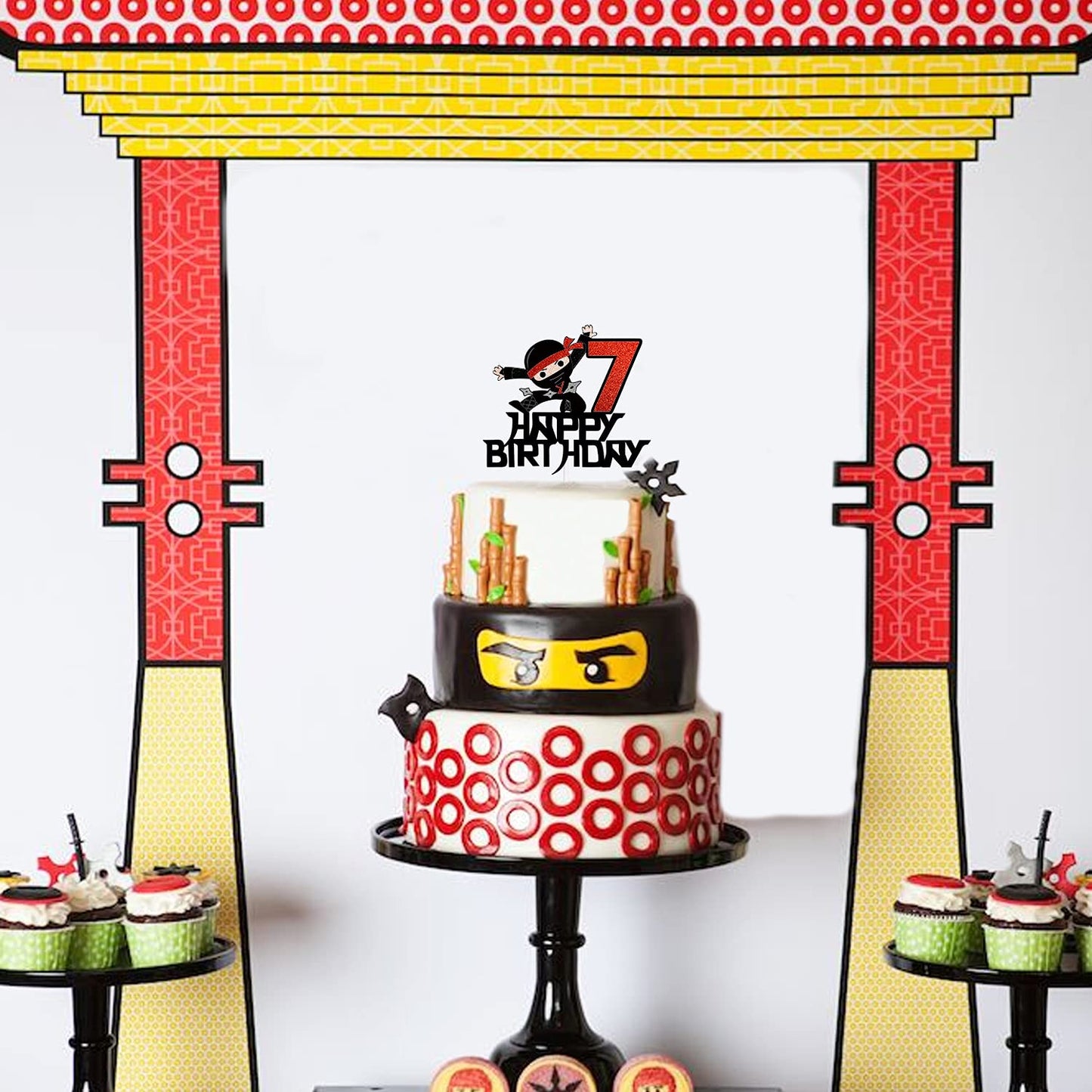 7th Happy Birthday Cake Topper Kung FU Ninja Themed Karate Boy Girl Glitter Party Cake Decorations