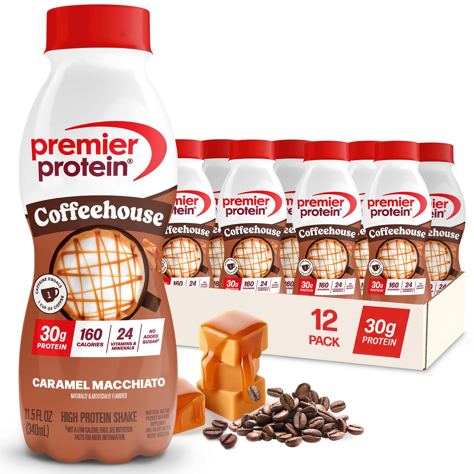 Premier Protein Coffehouse Caramel Macchiato Protein Shake with Caffeine for Energy - 30g Protein, No Added Sugar, 24 Vitamins & Minerals, 11.5 fl oz