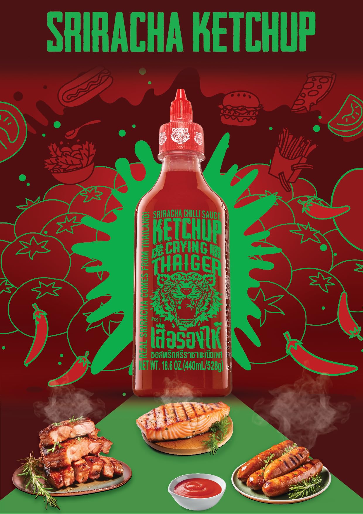 Crying Thaiger Sriracha Ketchup Chili Sauce in Squeeze Bottle 18.6 Ounce, Vegan, Gluten Free, Non-GMO, from Thailand (Pack of 1)