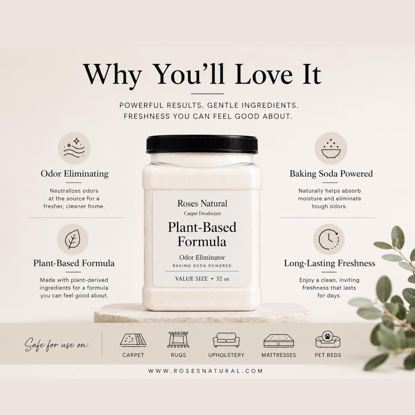 Roses Natural Clean Linen Carpet Deodorizer Powder - 32 oz Value Size | Plant-Based Baking Soda Formula | Odor Eliminator for Carpets, Rugs