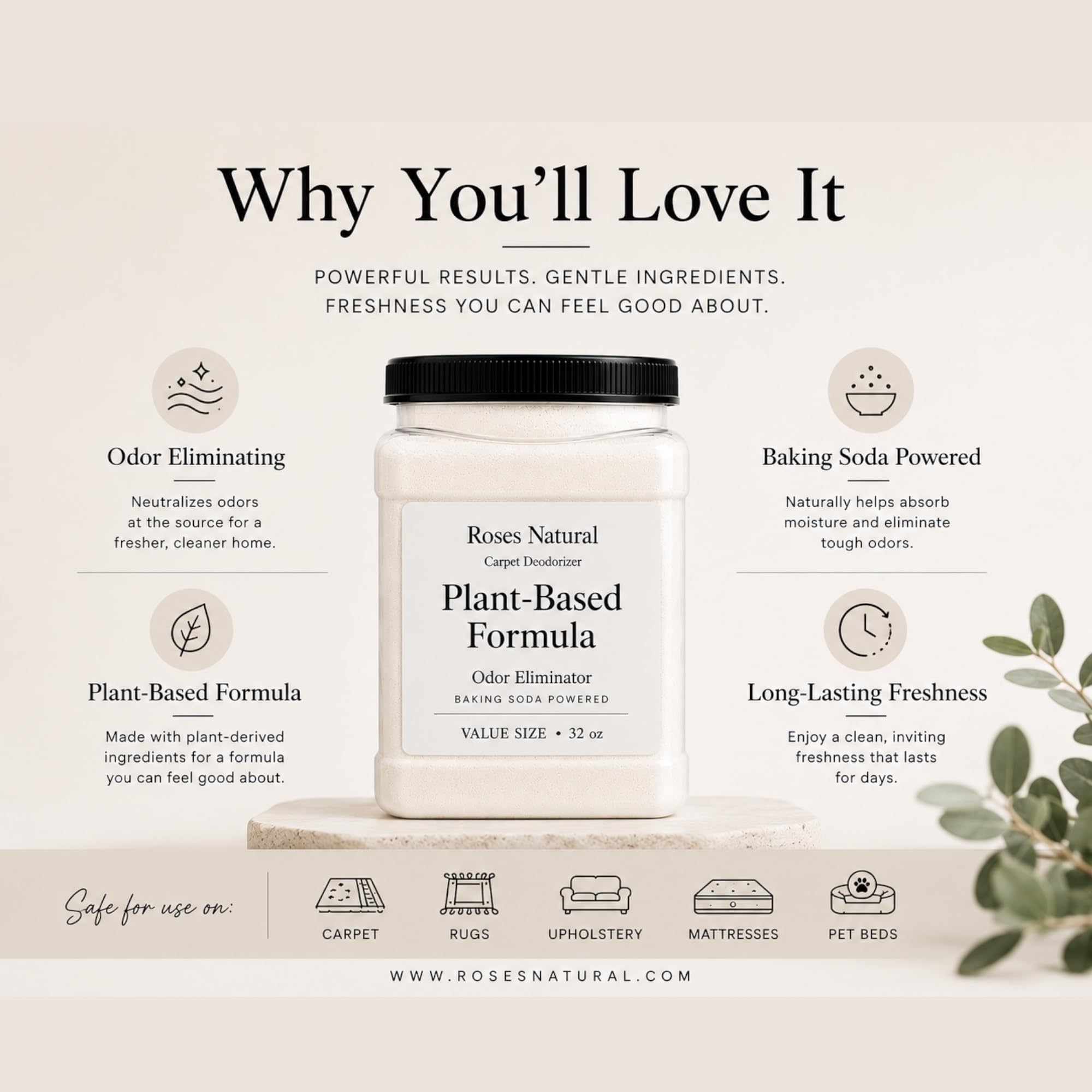 Roses Natural Carpet Deodorizer Powder - 32 oz Value Size | Plant-Based Baking Soda Formula | Odor Eliminator for Carpets, Rugs, Upholstery & Pet Beds