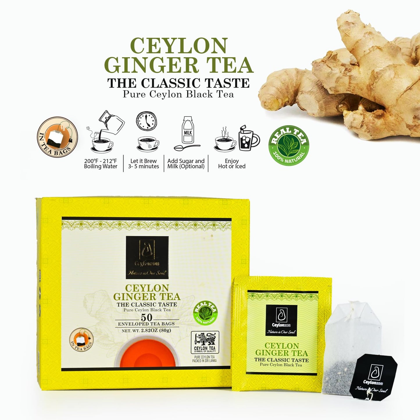 Ceylonzon Ginger Tea Bags, Classic Taste 50 Individually Foil-Wrapped, For a Fresh Flavorful, Spicy Experience with Ginger Natural Tea 80g