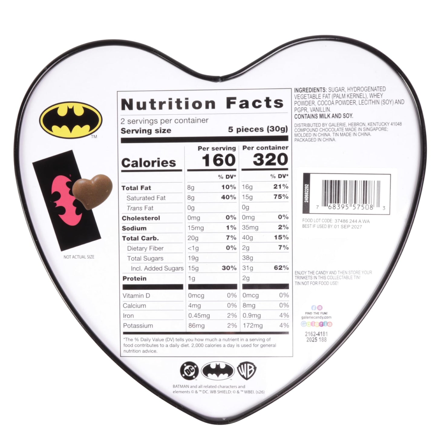 Batman Heart Tin, Milk Chocolatey Hearts Inside, Individually Wrapped Pieces, Festive Candy Gift, 2.12 Ounces