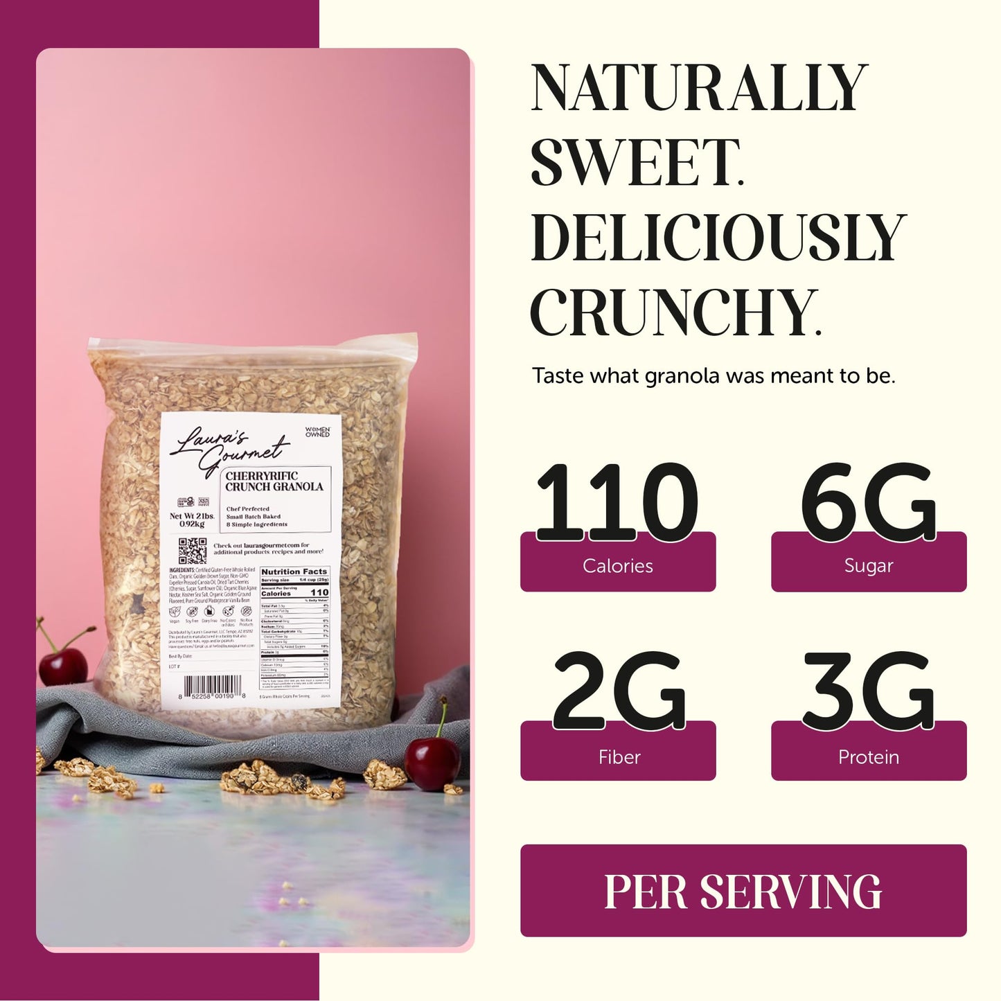 Laura's Gourmet Granola CherryRific Crunch, 2 lb, Gluten-Free Oats, Vegan, Dairy & Soy Free Snack, Organic Agave, Tart Cherries & Flaxseed, Artisan