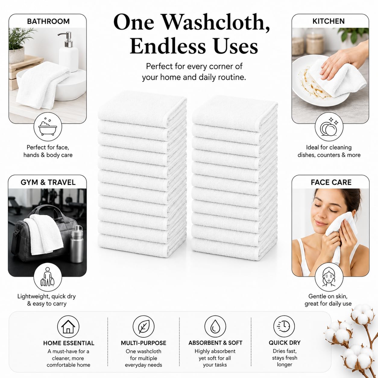 24 Pack Washcloths, 12x12 Lightweight Cleaning Towels, 100% Ring Spun Cotton, Bulk Utility Rags for Kitchen, Cleaning, Workshop, Garage, Reuseable