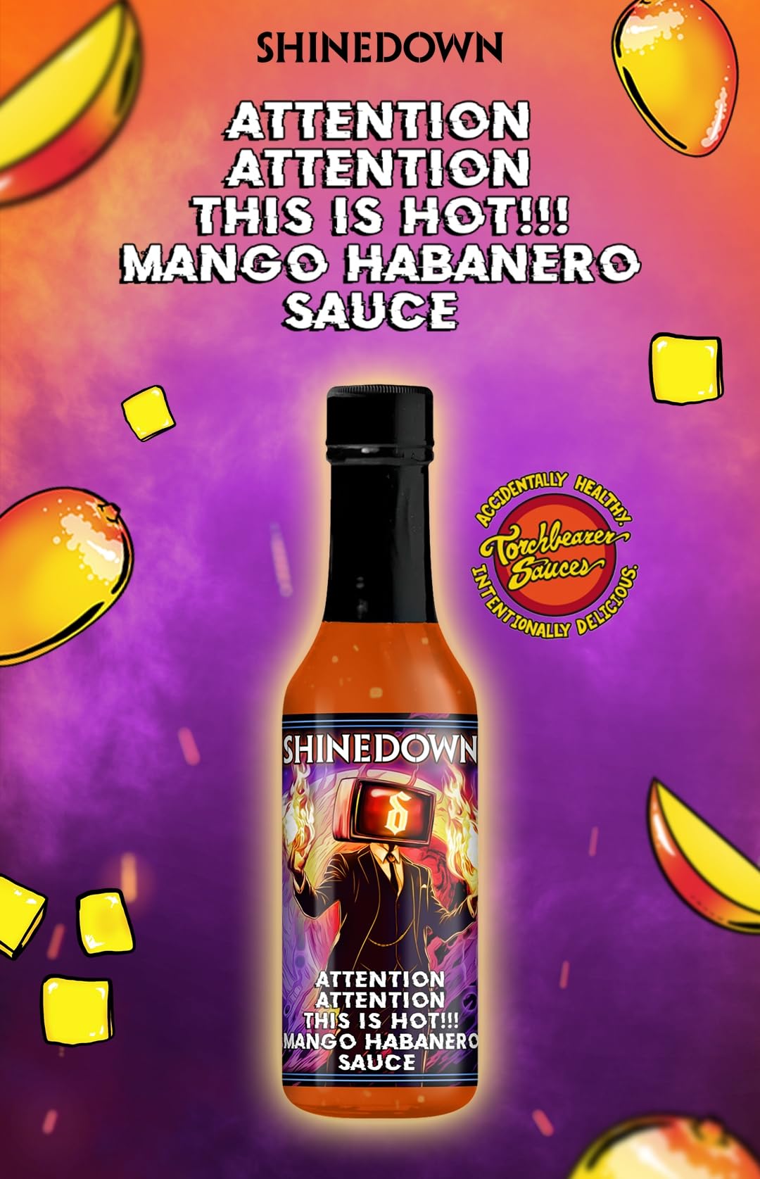 Shinedown Mango Habanero Hot Sauce aka Attention, Attention, This is Hot! 5oz Heat Level 5 - Torchbearer Sauces All Natural, Extract-Free, Made in USA