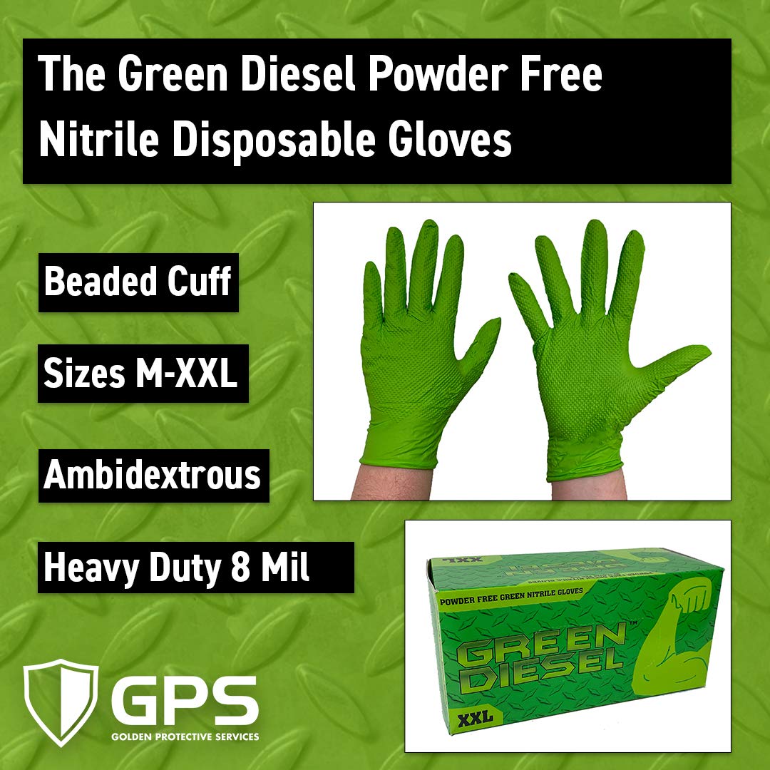 Golden Protective Services Outlet The Green Diesel, Powder Free Green Nitrile Gloves, Ambidextrous, 8 Mil, Diamond Textured, Sizes M-XXL, Sold by Box