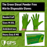 Golden Protective Services Outlet The Green Diesel, Powder Free Green Nitrile Gloves, Ambidextrous, 8 Mil, Diamond Textured, Sizes M-XXL, Sold by Box