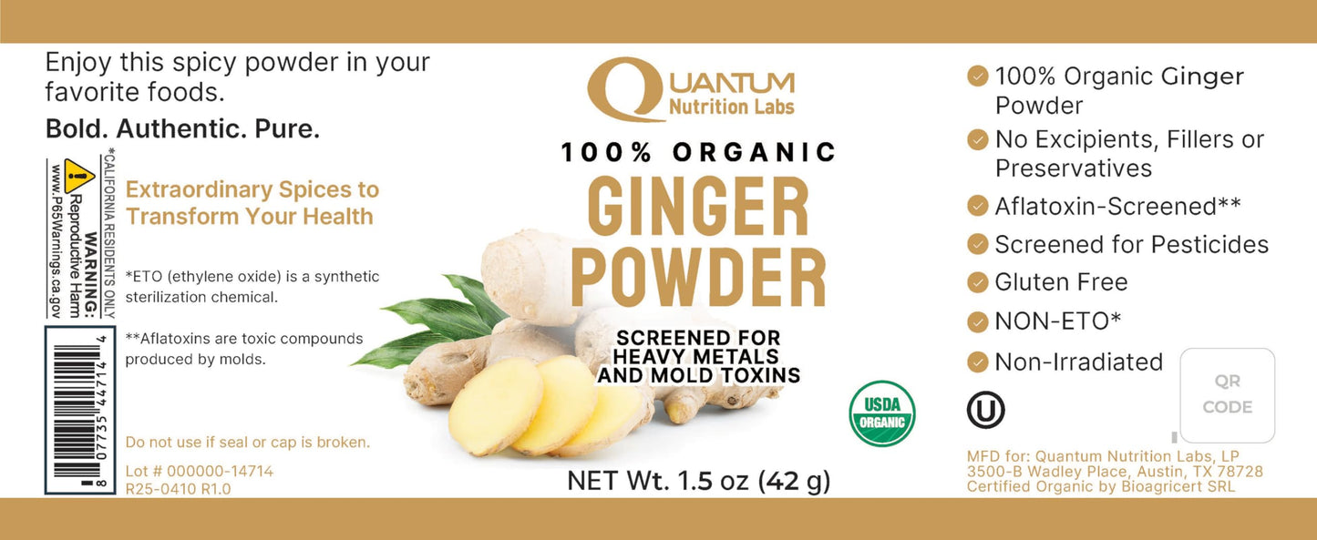 Quantum Nutrition Labs Organic Ginger Powder - Organic Dried Ground Ginger, Spice for Cooking & Tea, Food Seasoning, Natural Wellness Support, Non
