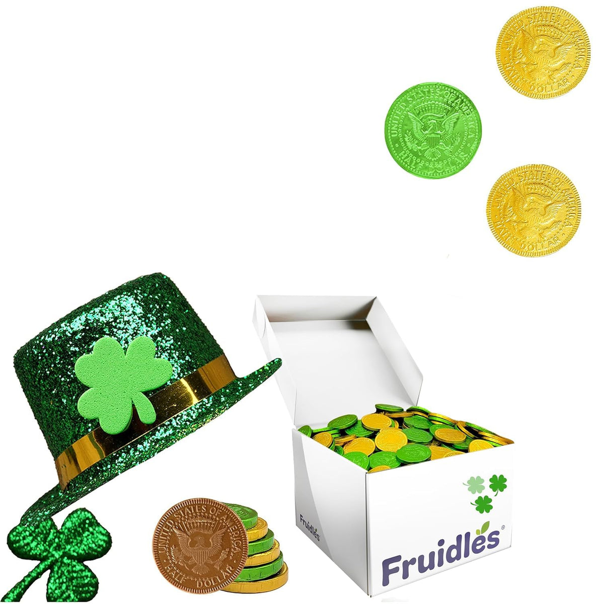 Saint Patrick's Day 5 Pounds Shamrock Leprechaun Chocolate Green and Gold Coins, Premium Belgian Nut-Free Milk Chocolate, Kosher, Approx. 450 Coins