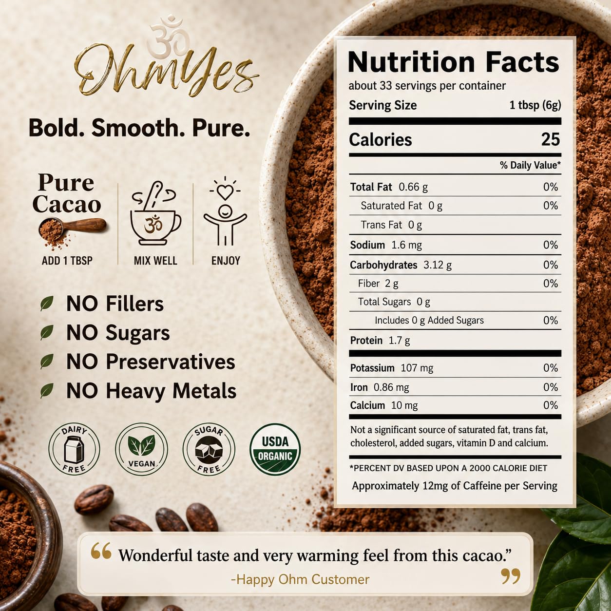 OhmYes Mocha Mushroom Coffee with Pure Cacao | Organic 11 Mushroom Adaptogen Blend (Lions Mane, Reishi, Chaga, Cordyceps) | Premium Chocolate Dark