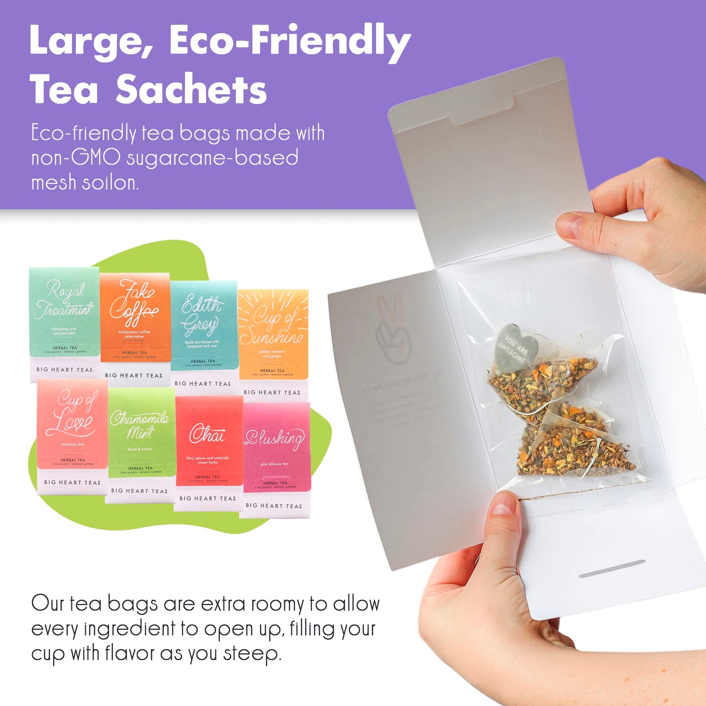 Big Heart Tea Co. Tea Bags Sampler Set - Certified Organic, Ayurvedic Herbal Tea - Small Batch Ground Herbs, Florals, Spices in Zero Plastic Sachets