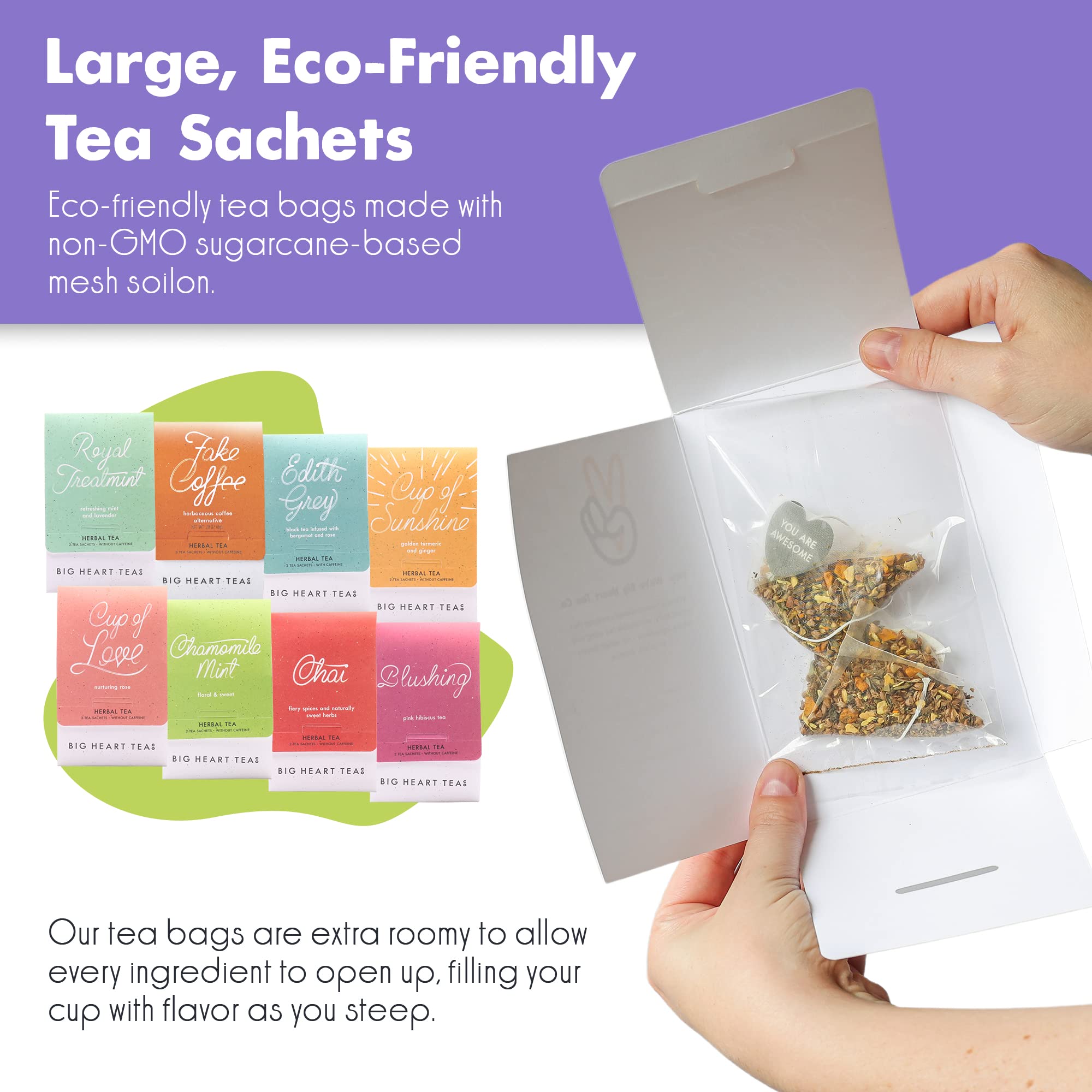 Big Heart Tea Co. Tea Bags Sampler Set - Certified Organic, Ayurvedic Herbal Tea - Small Batch Ground Herbs, Florals, Spices in Zero Plastic Sachets