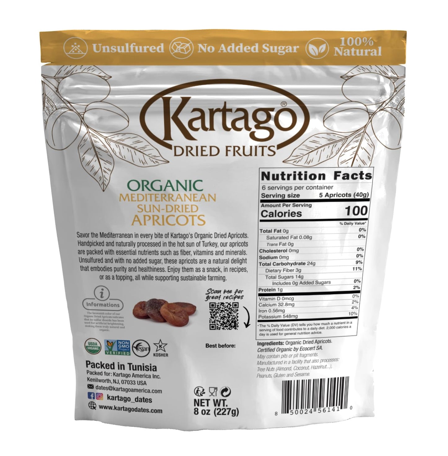 Kartago Organic Dried Apricots - Unsulfured Mediterranean Sun Dried Apricots - Vegan, Kosher, Gluten Free, No Added Sugar - Healthy Natural Vegan