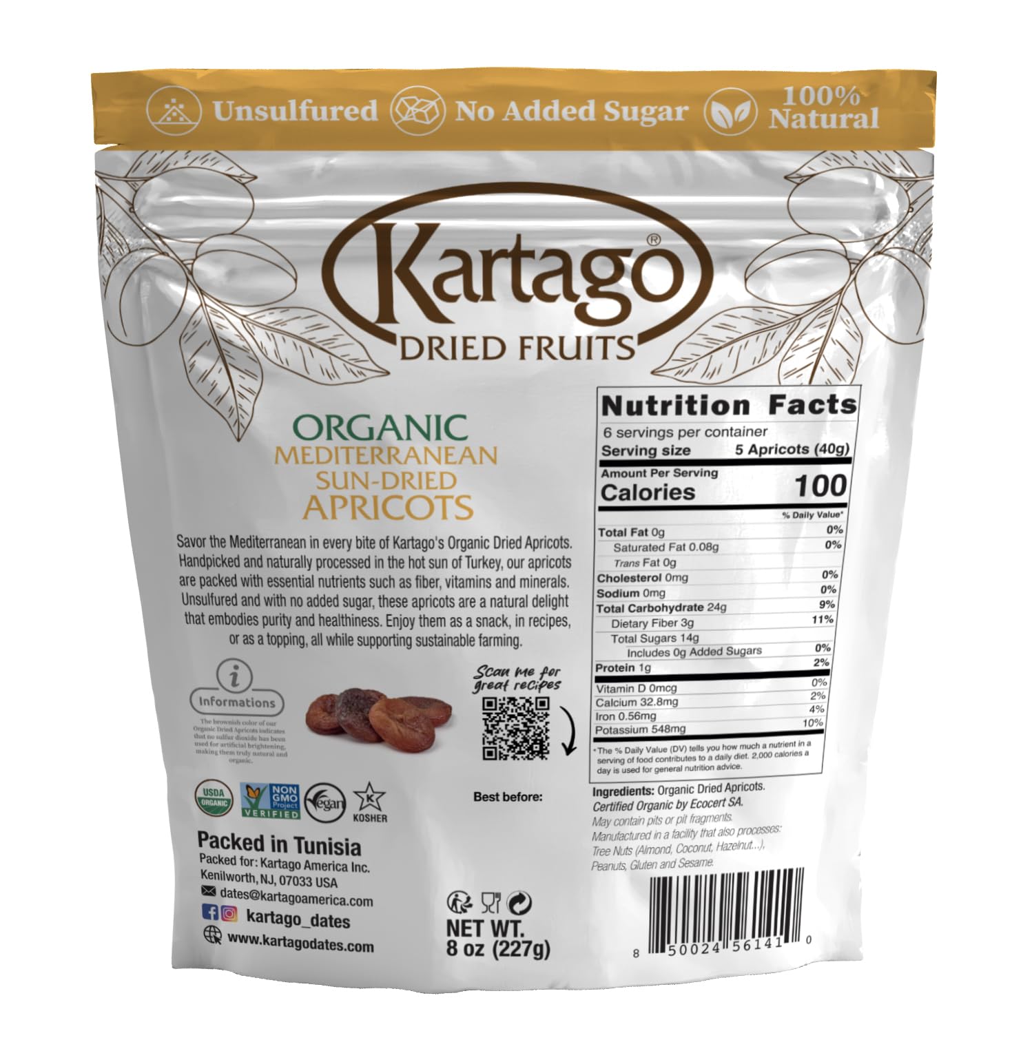 Kartago Organic Dried Apricots - Unsulfured Mediterranean Sun Dried Apricots - Vegan, Kosher, Gluten Free, No Added Sugar - Healthy Natural Vegan