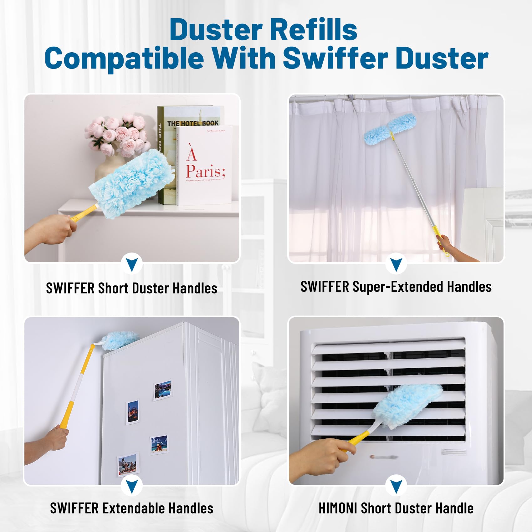 HIMONI Duster Refill for Swiffer, 360 Heavy Duty Refills, Multi Surface, Unscented, Blue, Plastic Handle, Synthetic Head, Soft, Furniture, Fan (30