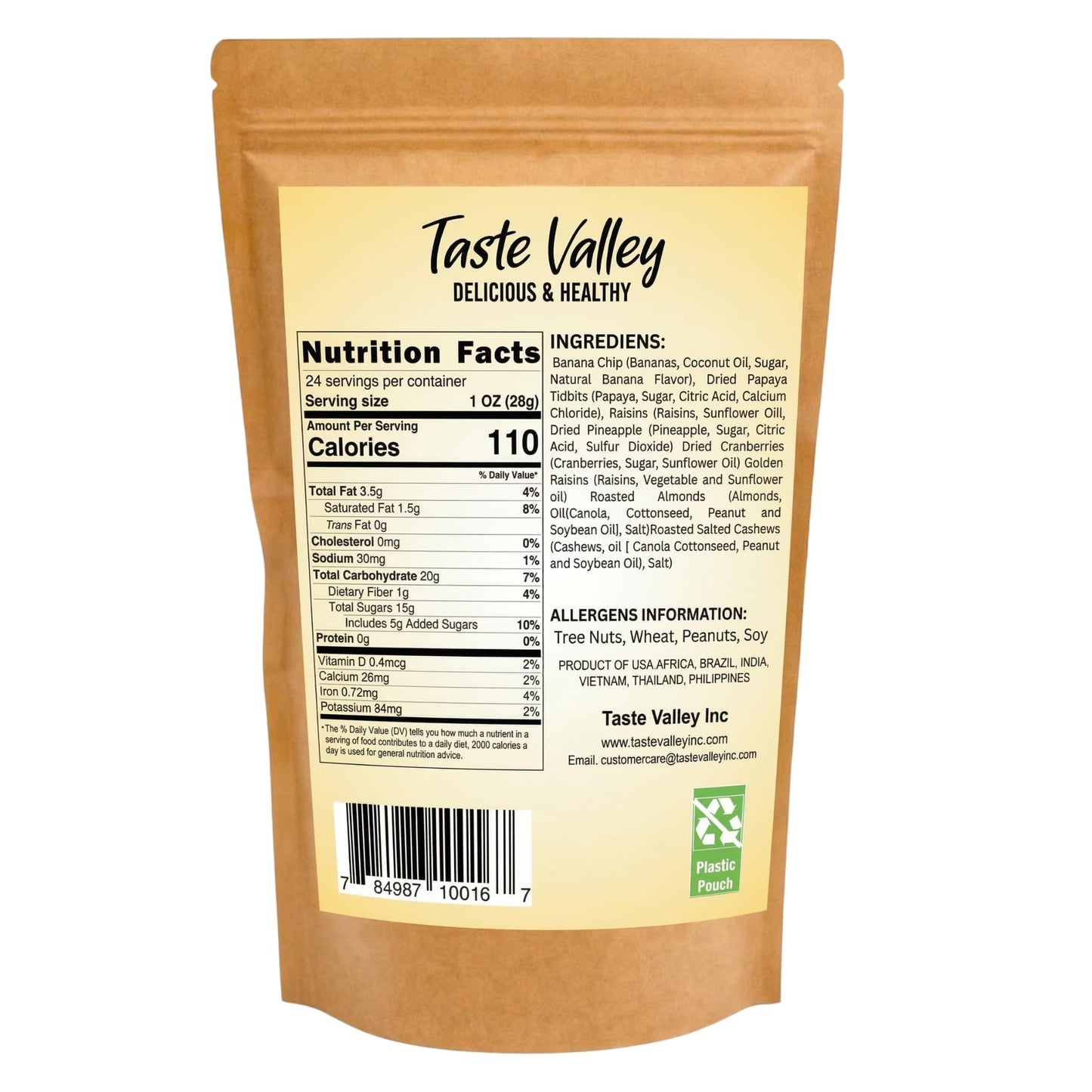 Taste Valley Tropical Trail Mix - Banana Chips, Papaya, Pineapple, Cranberries, Almonds & Cashews - Healthy Fruit & Nut Snack Mix, 24 oz Resealable