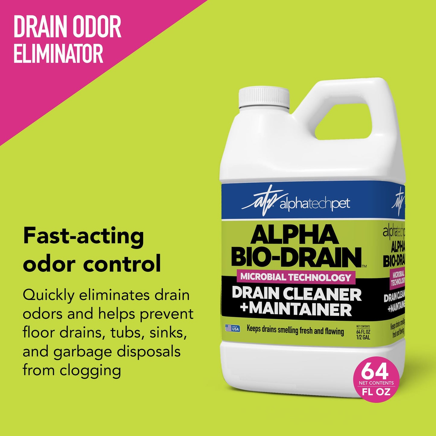 ALPHA BIO-DRAIN - Enzyme-Based Maintenance to Help Prevent Clogs and Reduce Odors from Pet Waste, Grease, Hair in Drains and Septic Systems - ½ Gallon