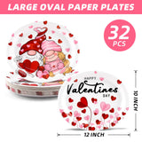 Nuolifee 32Pcs Valentines Day Oval Paper Plates -10" x 12" Large Disposable Heavy Duty Party Plates for Valentines Day