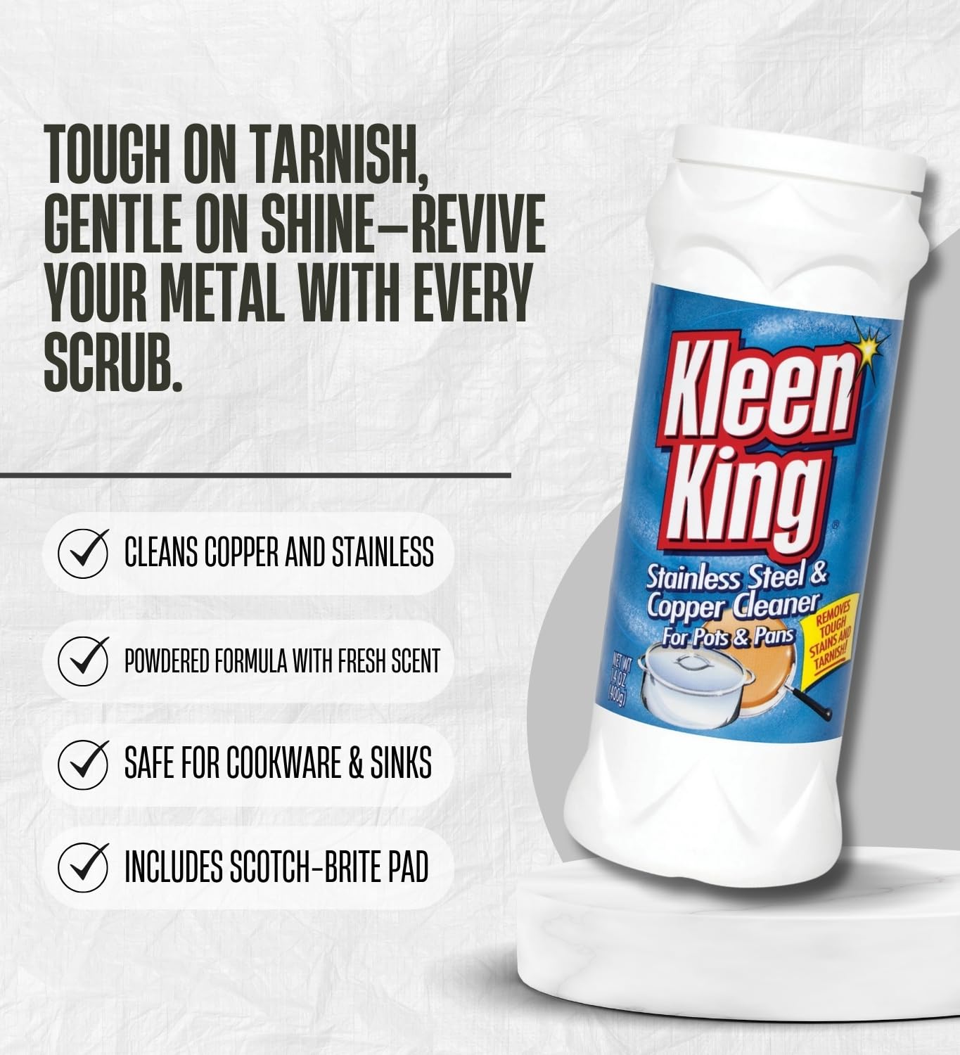 Kleen King Fresh Clean Scent Metal Cleaner 14 oz Powder Bundle with Scouring Pad - Cleans and Restores Stainless Steel, Cookware, and Metal Surfaces