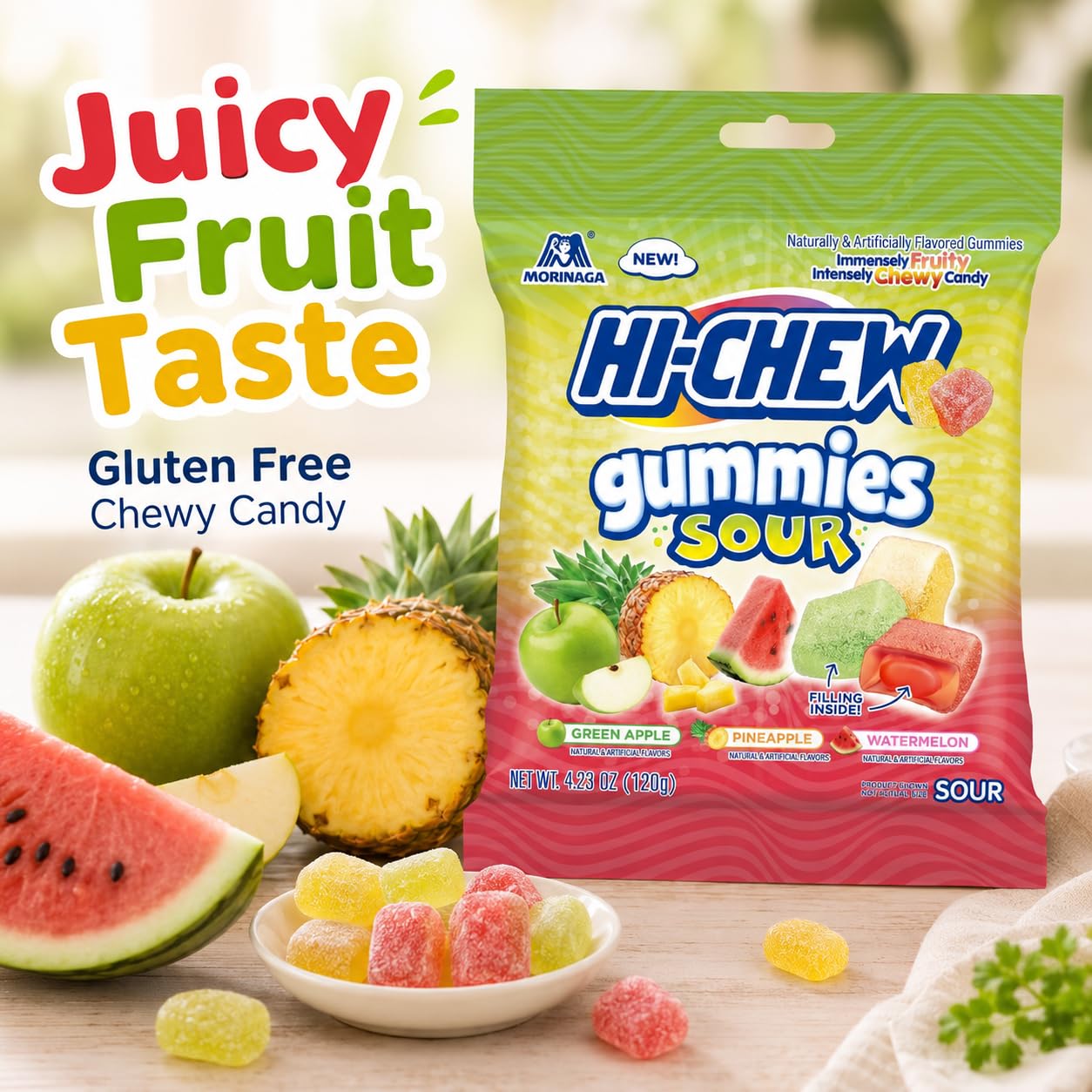 Hi-Chews Gummy Candy, 9 Bags, Soft Chew Fruit Candy for Snacking and Sharing, Green Apple Pineapple Watermelon Flavors, Gluten Free Sweet and Sour