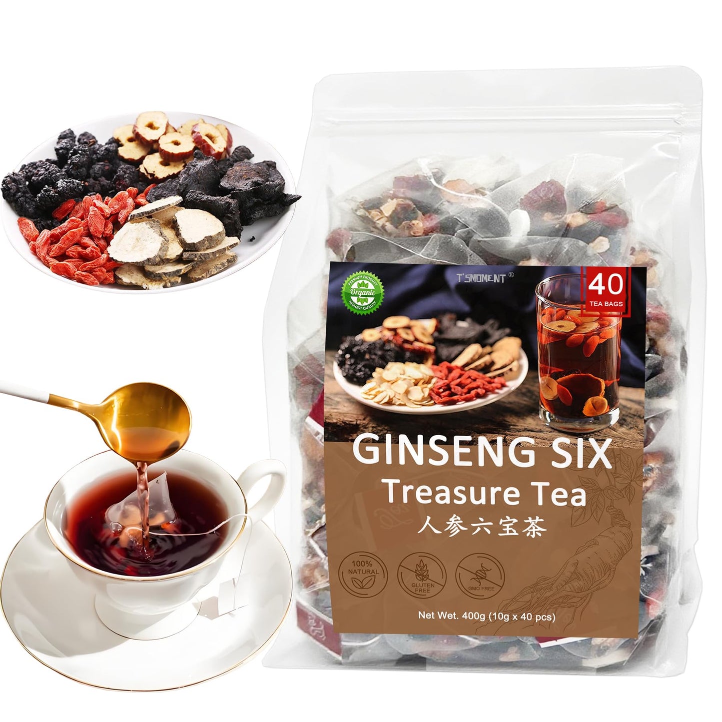 T'SMOMENT Kidney Tea Formula Ginseng Six Treasure Tea, 14.1oz, Support Liver and Kidney Health, Pure Chinese Herbal Medicine Five Treasures tea
