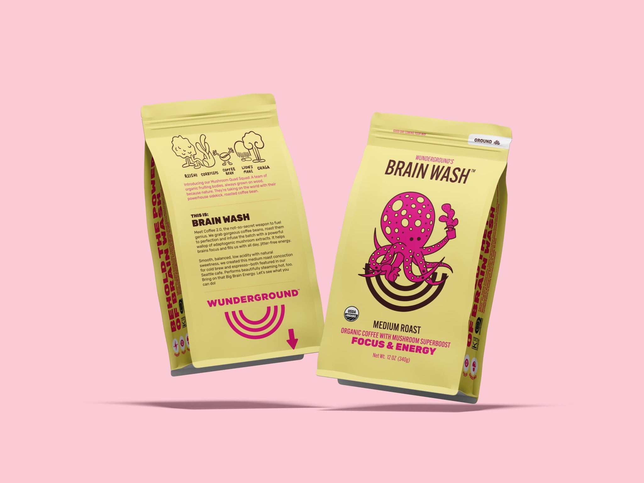 Wunderground's Brain Wash Medium Roast Organic Ground Coffee with Mushroom SuperBoost (12 oz Bag)