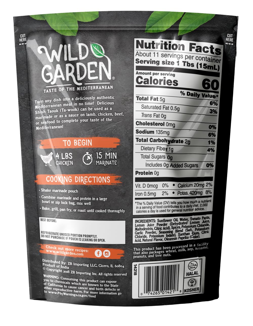 Wild Garden Ready-To-Go Gourmet Turkish Taouk Marinade, 100% All Natural, No Additives, No Preservatives, Bold, Flavorful, Perfect for Grilled