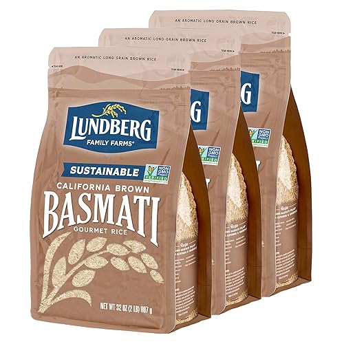 Lundberg Family Farms - California Brown Basmati Rice, Pleasant Aroma, Won't Clump When Cooked, 100% Whole Grain, High Fiber, Pantry Staple, Gluten-Free, Non-GMO, Vegan, Kosher (32 oz, 3-Pack) 3