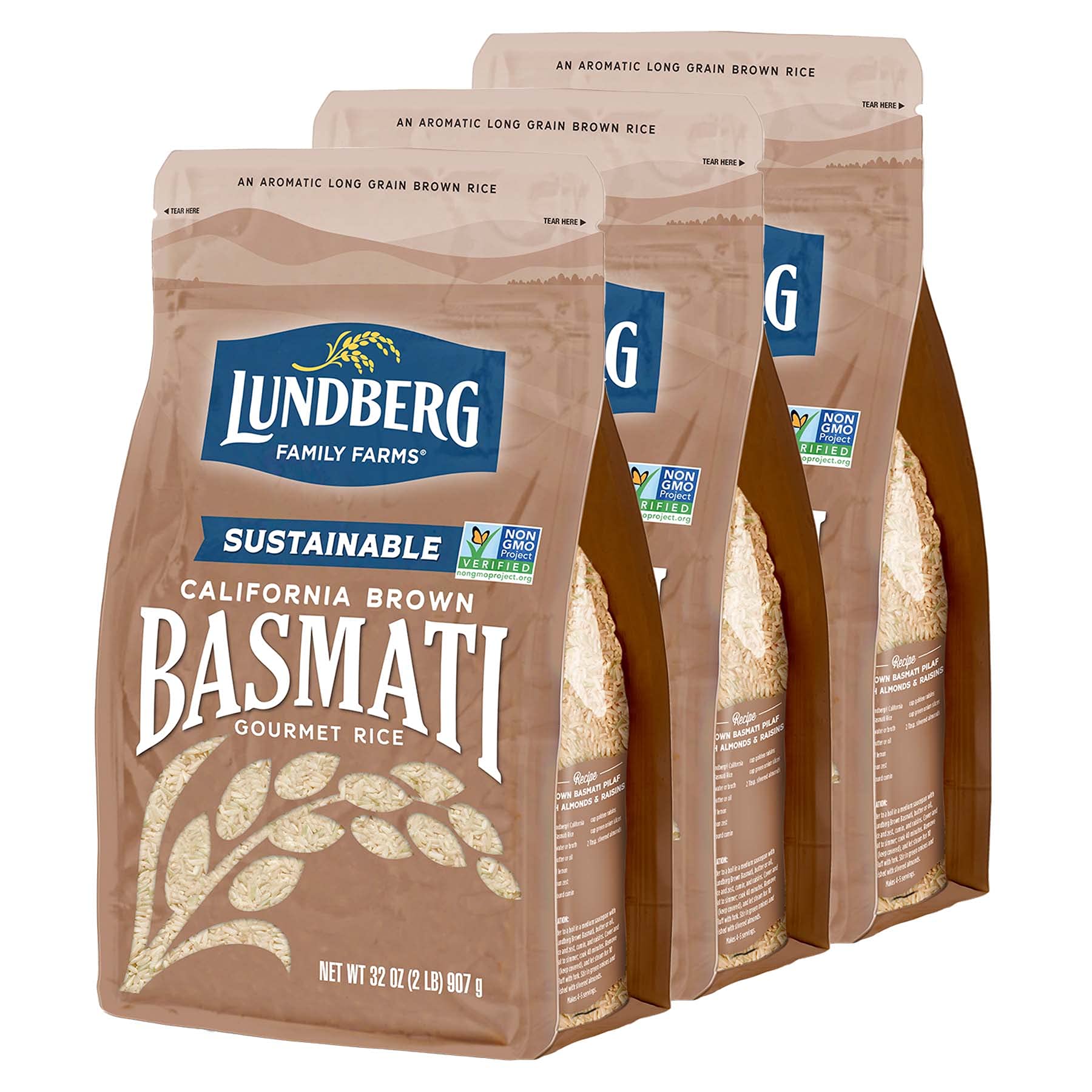 Lundberg Family Farms - California Brown Basmati Rice, Pleasant Aroma, Won't Clump When Cooked, 100% Whole Grain, High Fiber, Pantry Staple, Gluten-Free, Non-GMO, Vegan, Kosher (32 oz, 3-Pack) 3