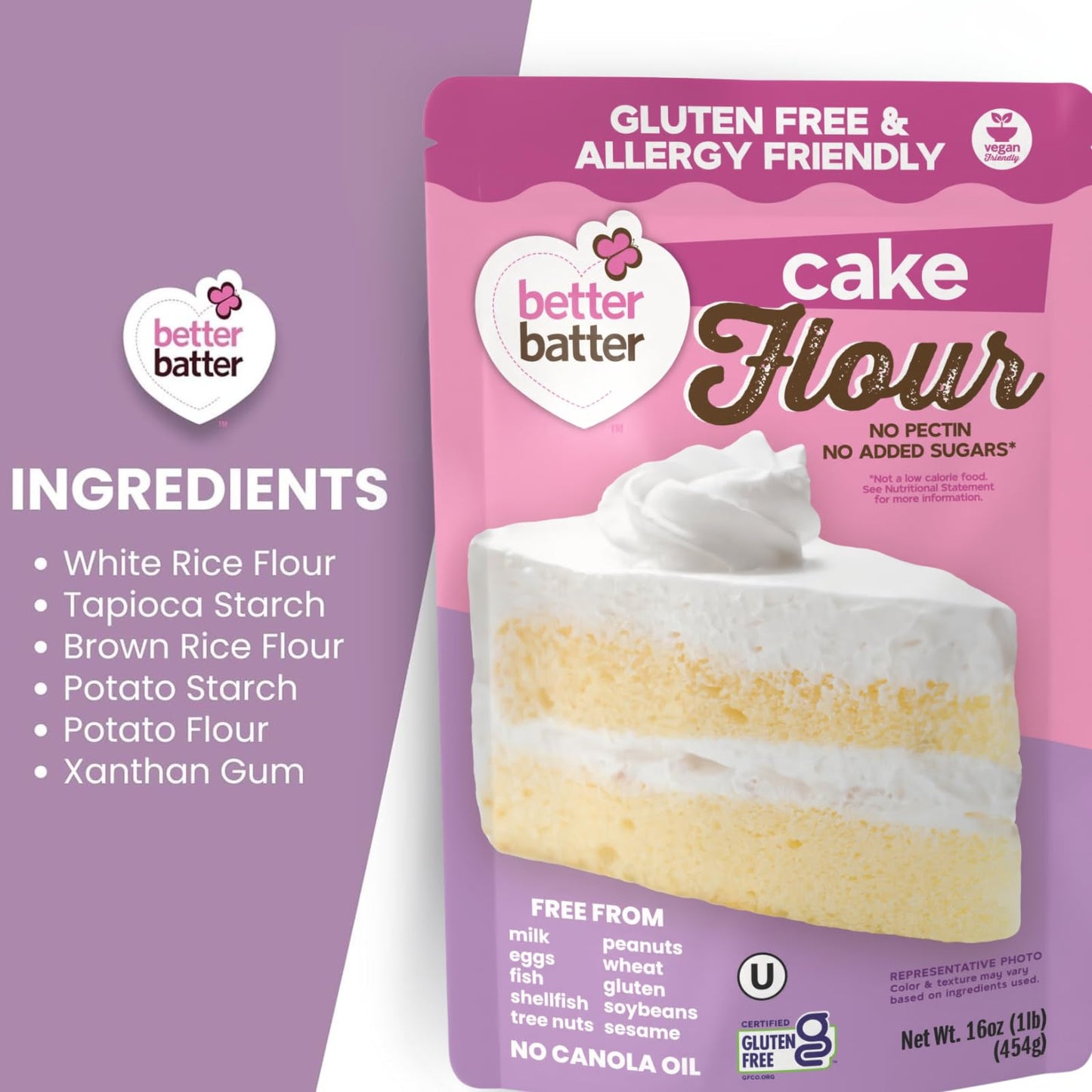 Better Batter Gluten-Free Cake Flour 1LB - Certified GF, Top 9 Allergen-Free, Vegan & Kosher Baking Mix - Premium Blend for Cakes, Quick Breads, Pancakes & Waffles - Smooth Texture, Rich Flavor, Safe for All Diets
